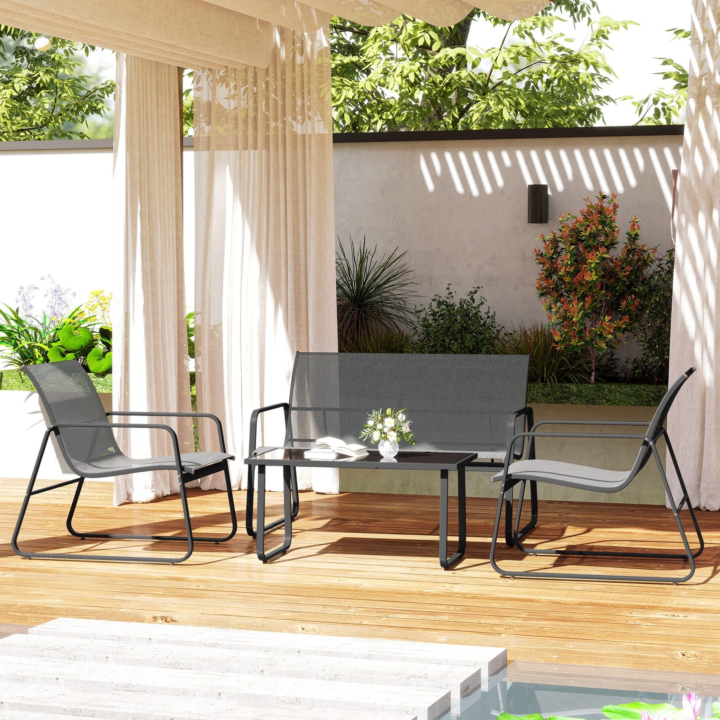 4 Piece Garden Furniture Set Outdoor Patio Sofa Set with Double Chair, Single Chairs and Glass Top Table for Terrace and Balcony, Light Grey