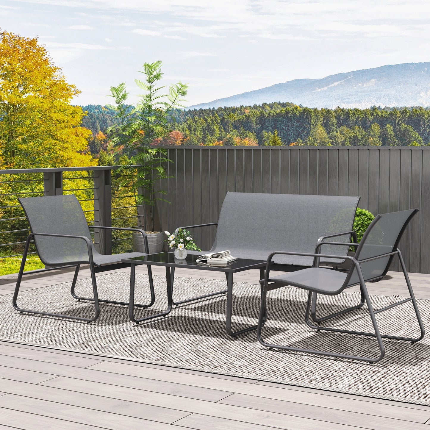 4 Piece Garden Furniture Set Outdoor Patio Sofa Set with Double Chair, Single Chairs and Glass Top Table for Terrace and Balcony, Light Grey
