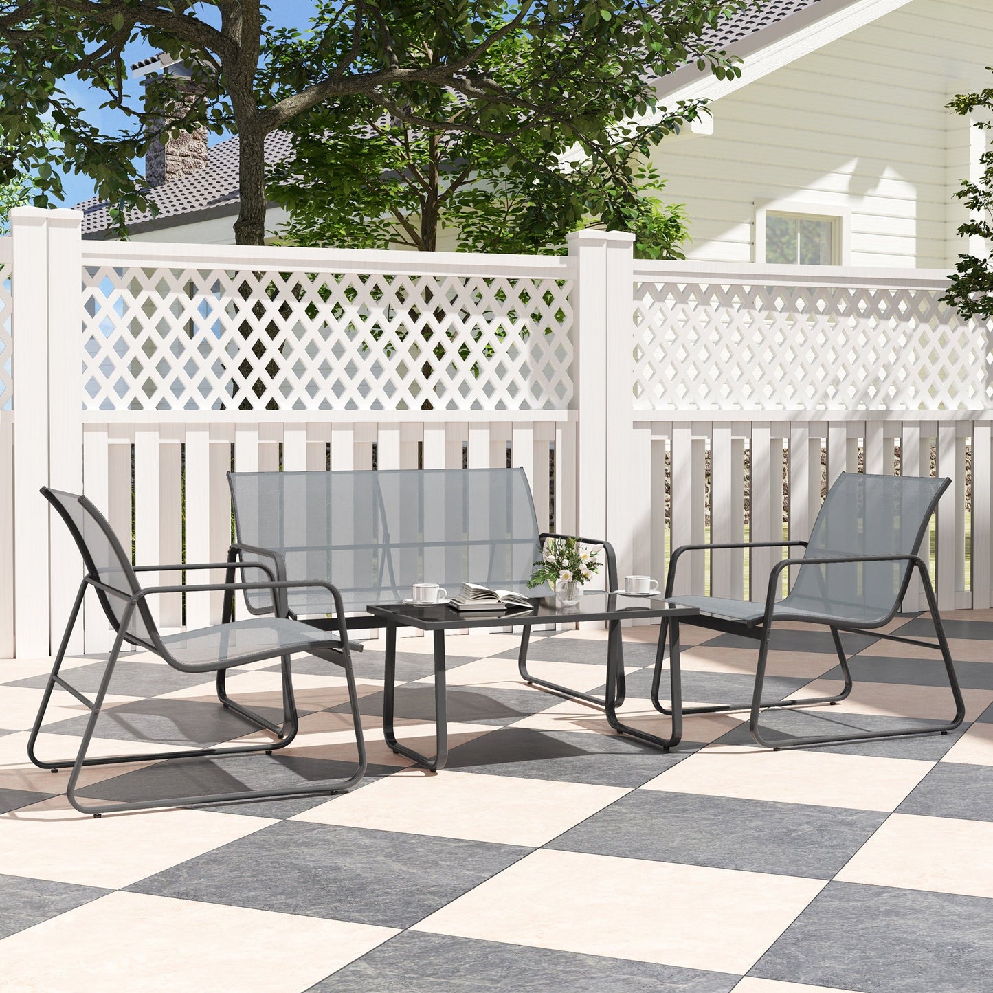 4 Piece Garden Furniture Set Outdoor Patio Sofa Set with Double Chair, Single Chairs and Glass Top Table for Terrace and Balcony, Light Grey