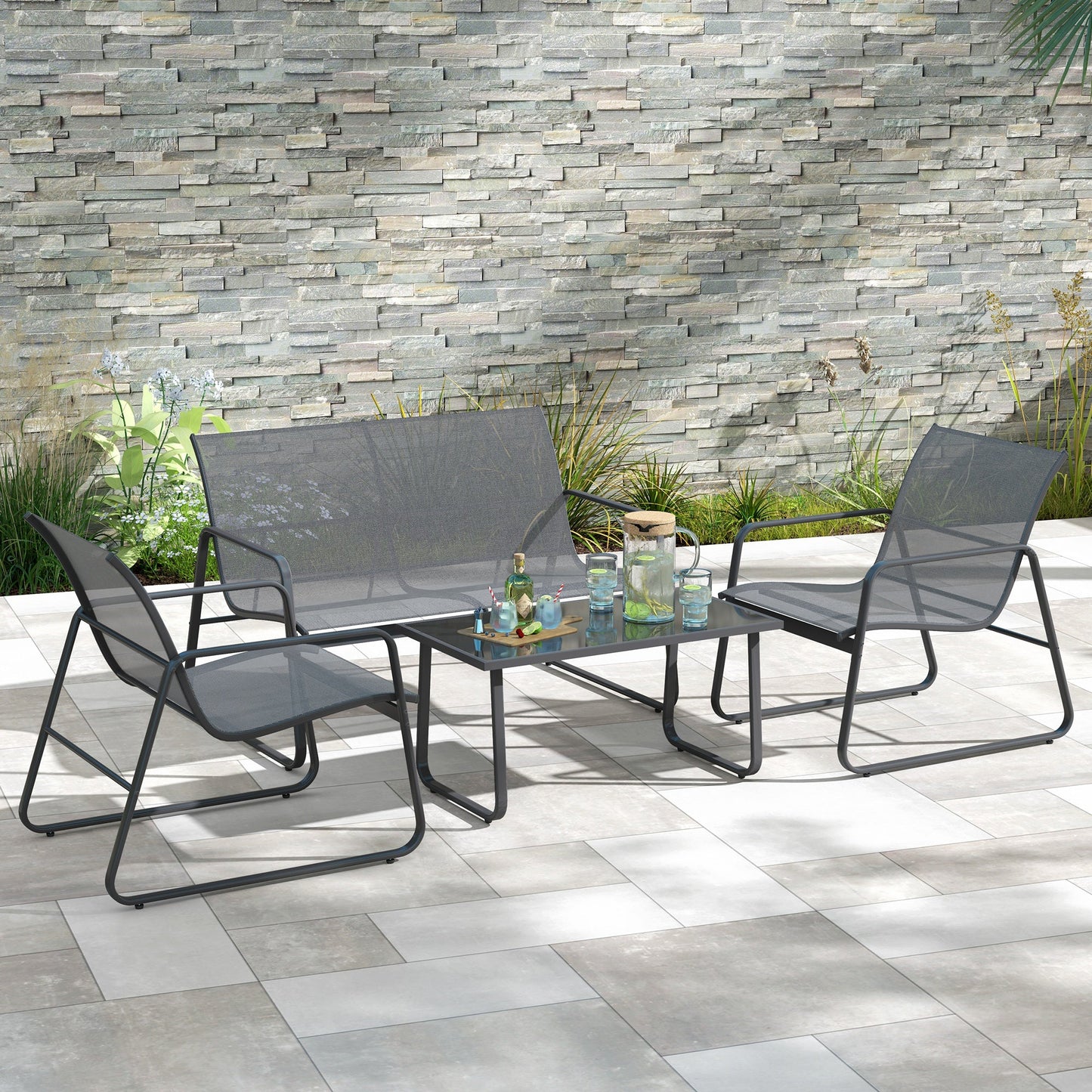 4 Piece Garden Furniture Set Outdoor Patio Sofa Set with Double Chair, Single Chairs and Glass Top Table for Terrace and Balcony, Light Grey