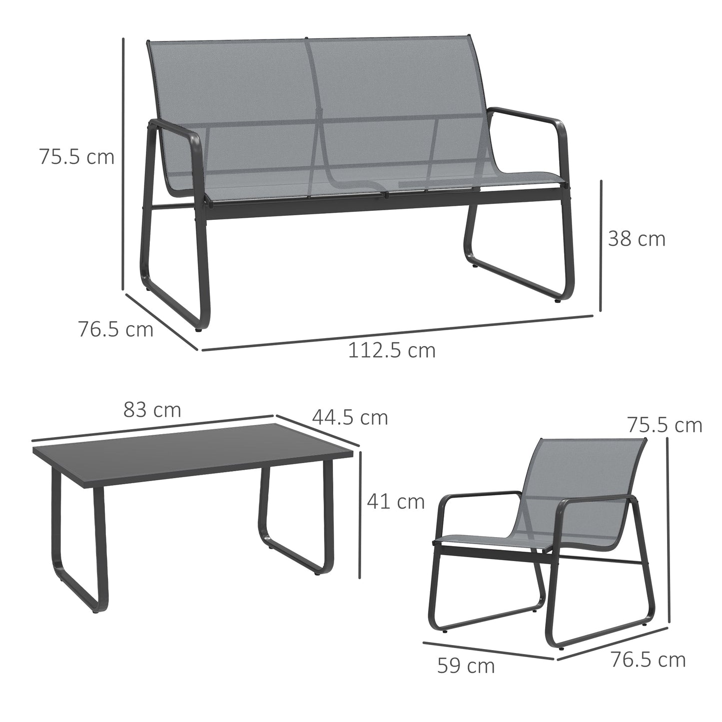 4 Piece Garden Furniture Set Outdoor Patio Sofa Set with Double Chair, Single Chairs and Glass Top Table for Terrace and Balcony, Light Grey