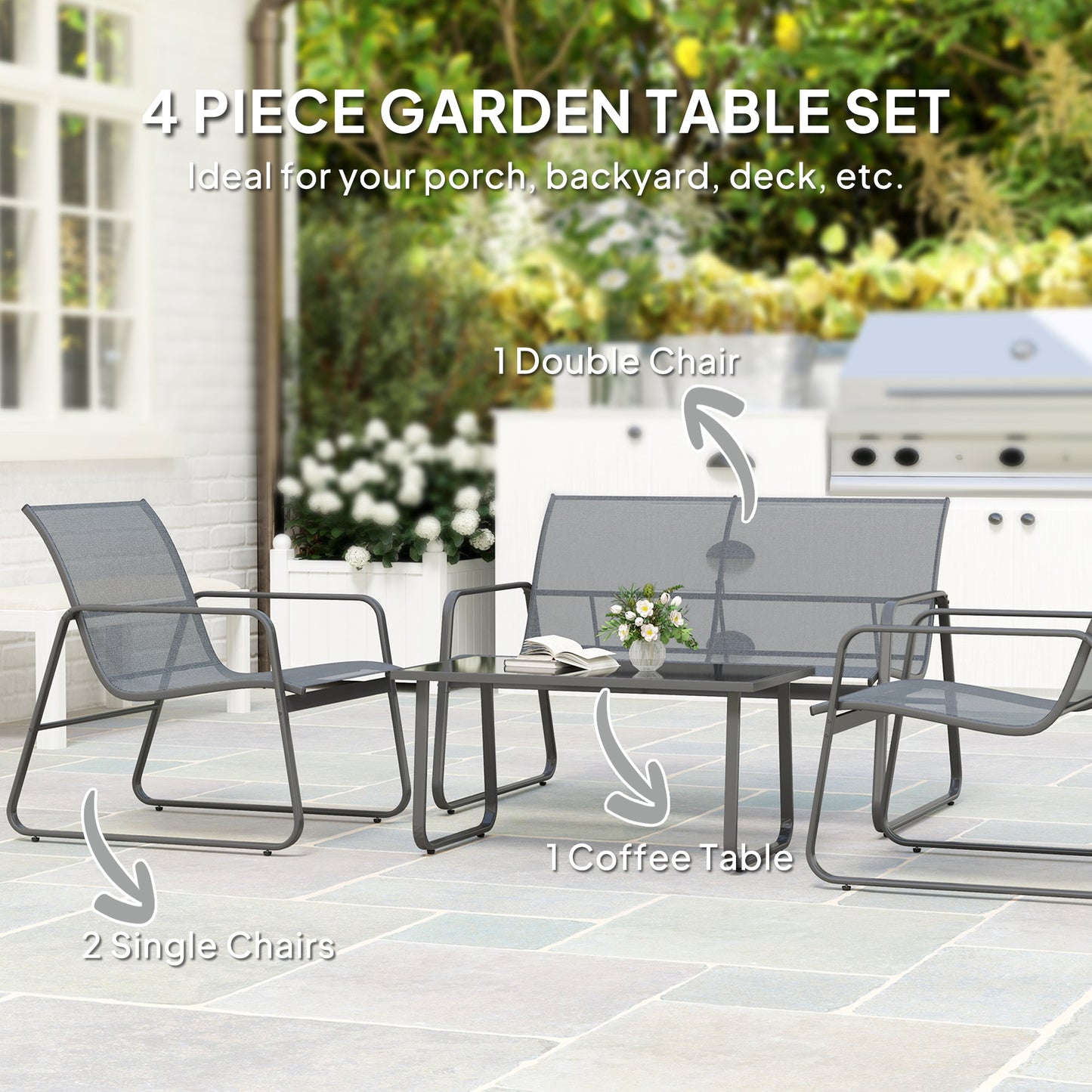 4 Piece Garden Furniture Set Outdoor Patio Sofa Set with Double Chair, Single Chairs and Glass Top Table for Terrace and Balcony, Light Grey