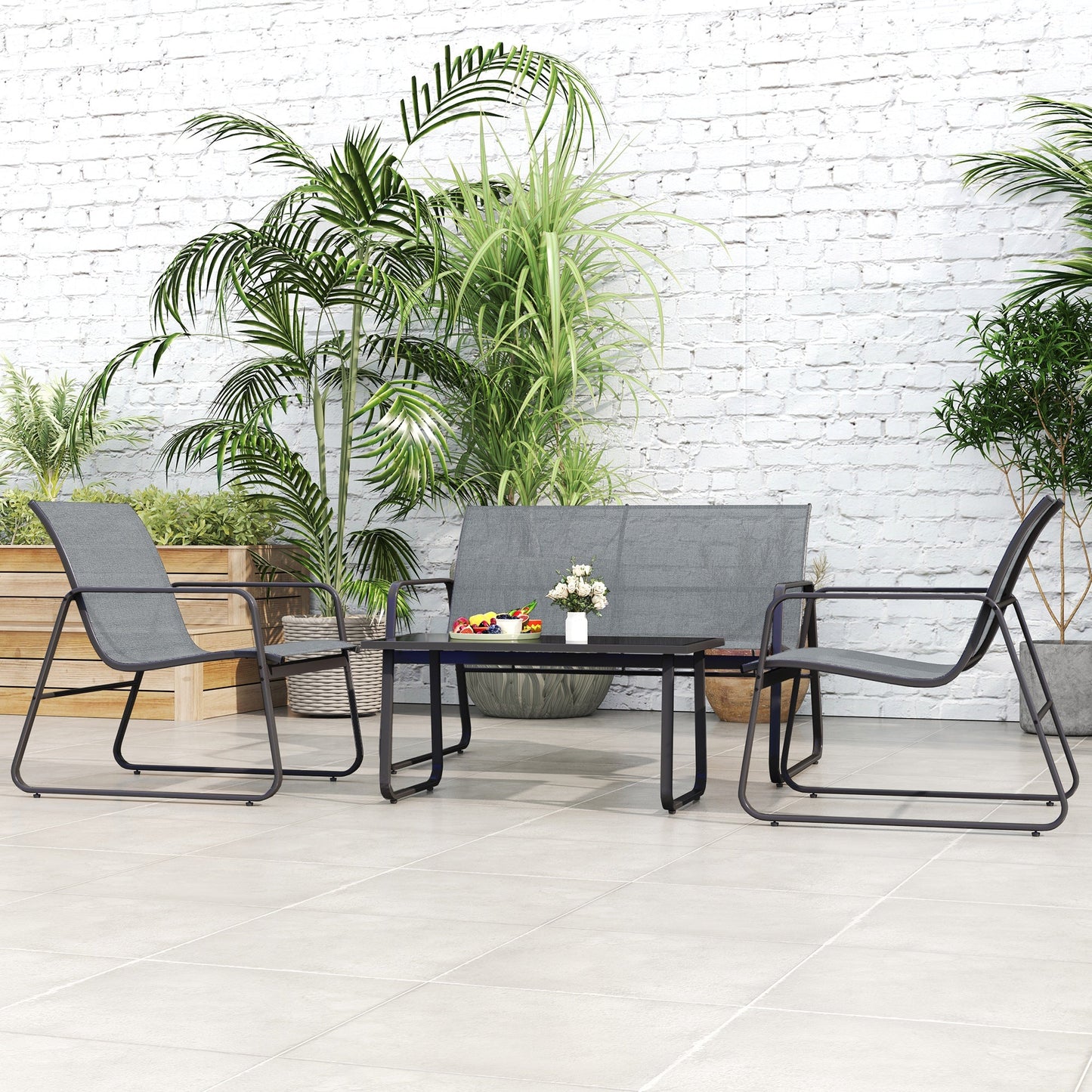 4 Piece Garden Furniture Set Outdoor Patio Sofa Set with Double Chair, Single Chairs and Glass Top Table for Terrace and Balcony, Light Grey