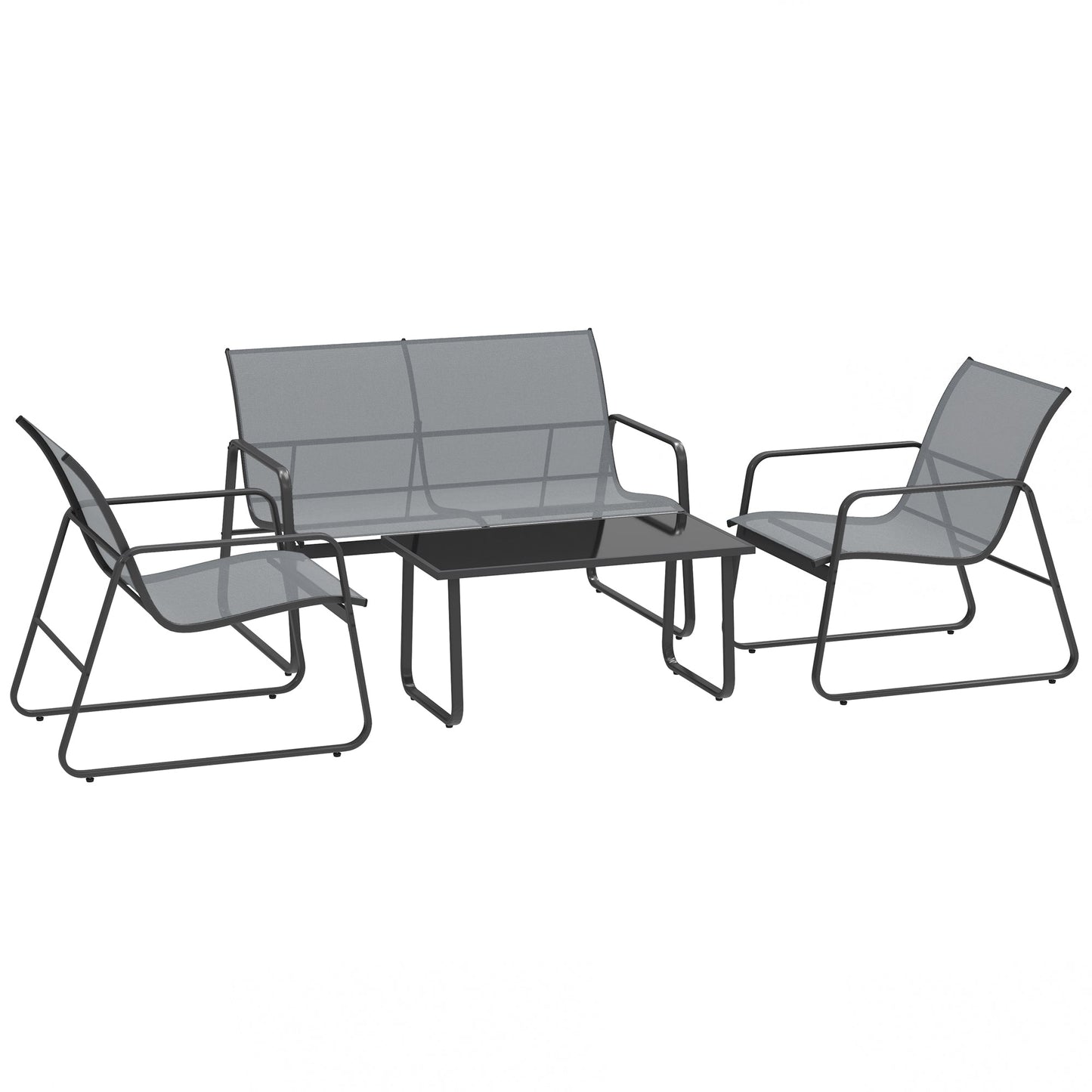 4 Piece Garden Furniture Set Outdoor Patio Sofa Set with Double Chair, Single Chairs and Glass Top Table for Terrace and Balcony, Light Grey