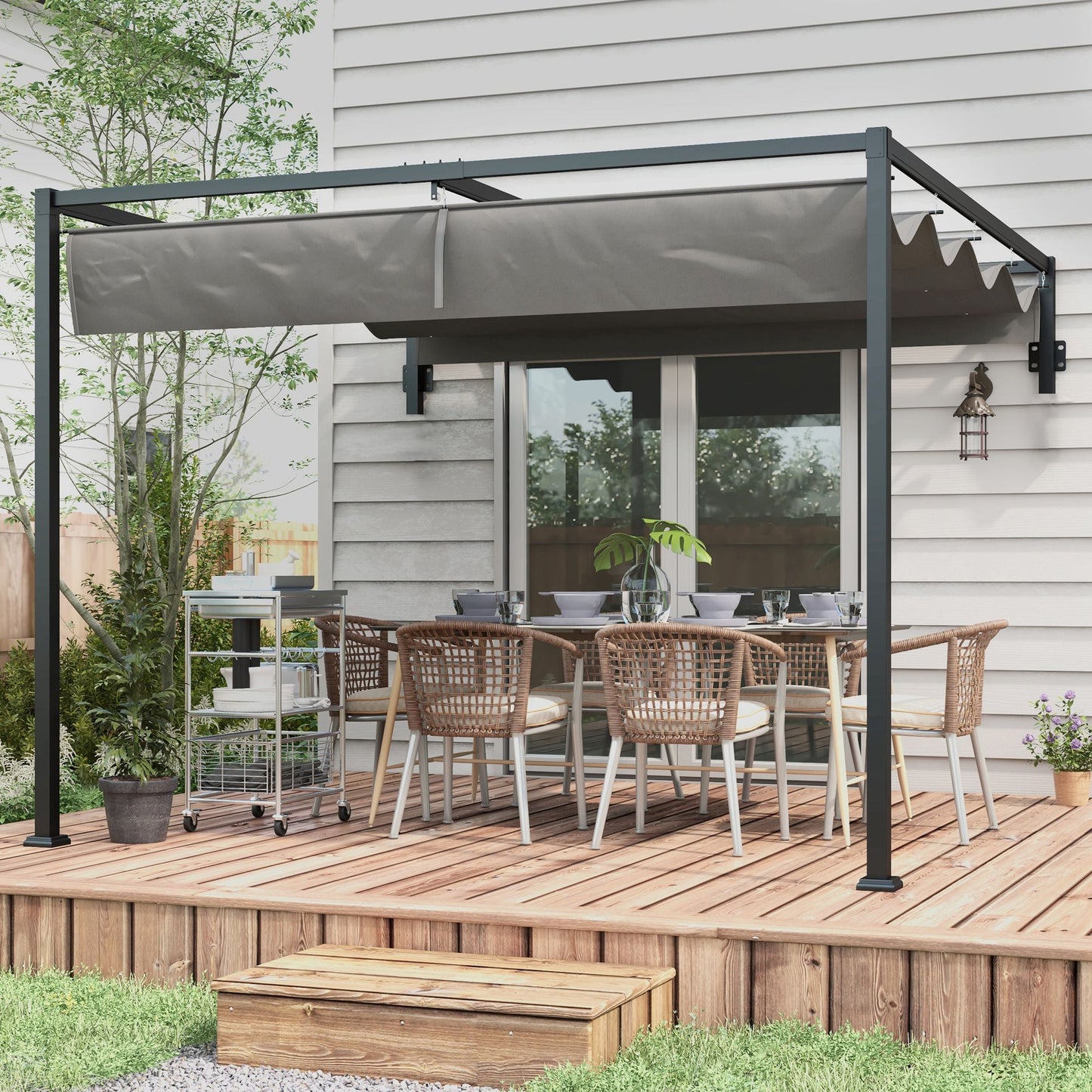 3 x 4m Lean To Pergola with Retractable Roof, Wall Mounted Garden Gazebo Outdoor Sun Shade Shelter for Patio, Deck