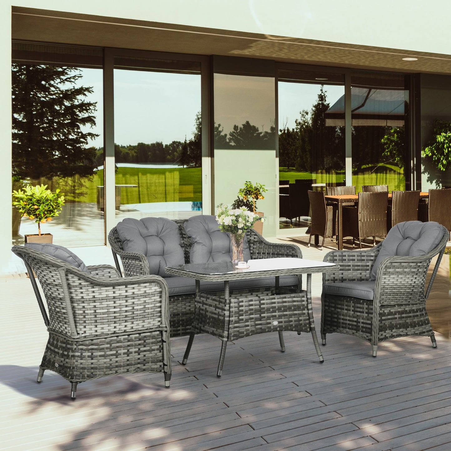 4 Pieces Outdoor PE Rattan Garden Furniture, Patio Round Wicker Woven Conversation Sofa Set w/ Padded Cushions and Tempered Glass Top Table For Balcony, Pool, Garden, Sand, Grey