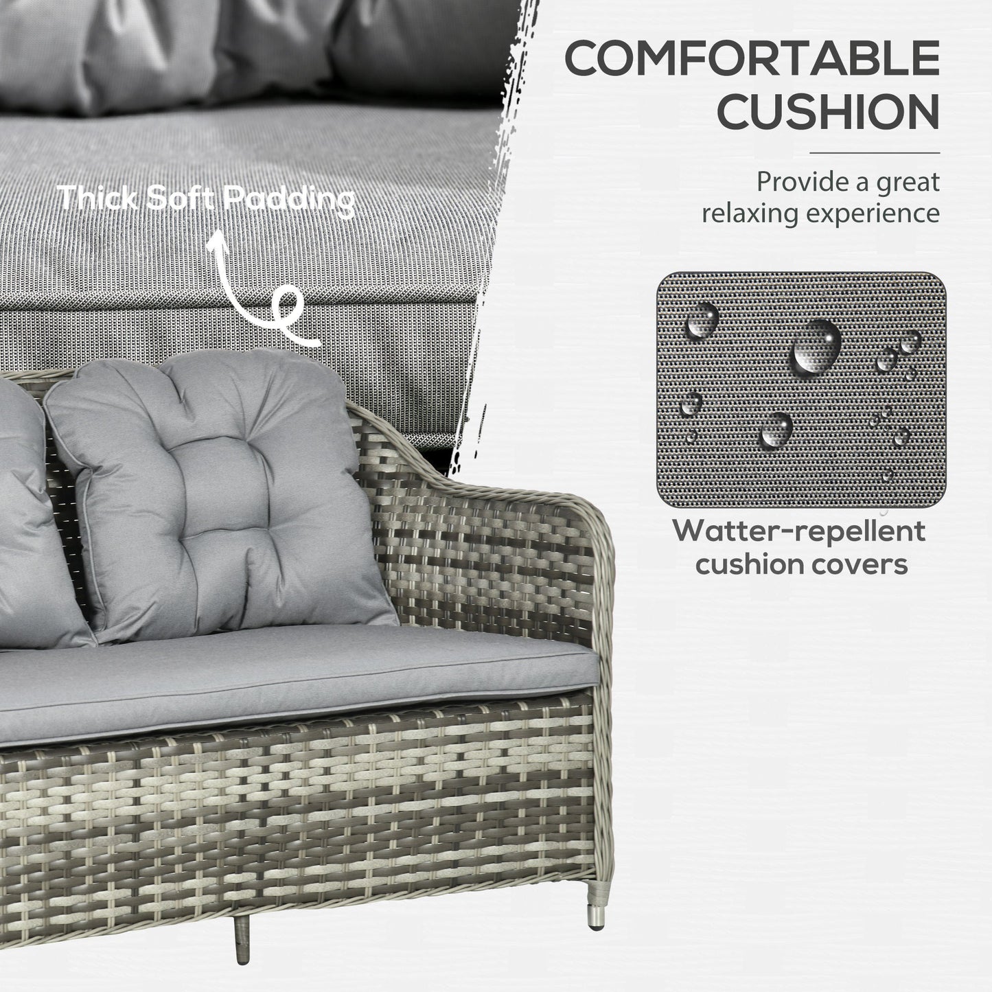 4 Pieces Outdoor PE Rattan Garden Furniture, Patio Round Wicker Woven Conversation Sofa Set w/ Padded Cushions and Tempered Glass Top Table For Balcony, Pool, Garden, Sand, Grey