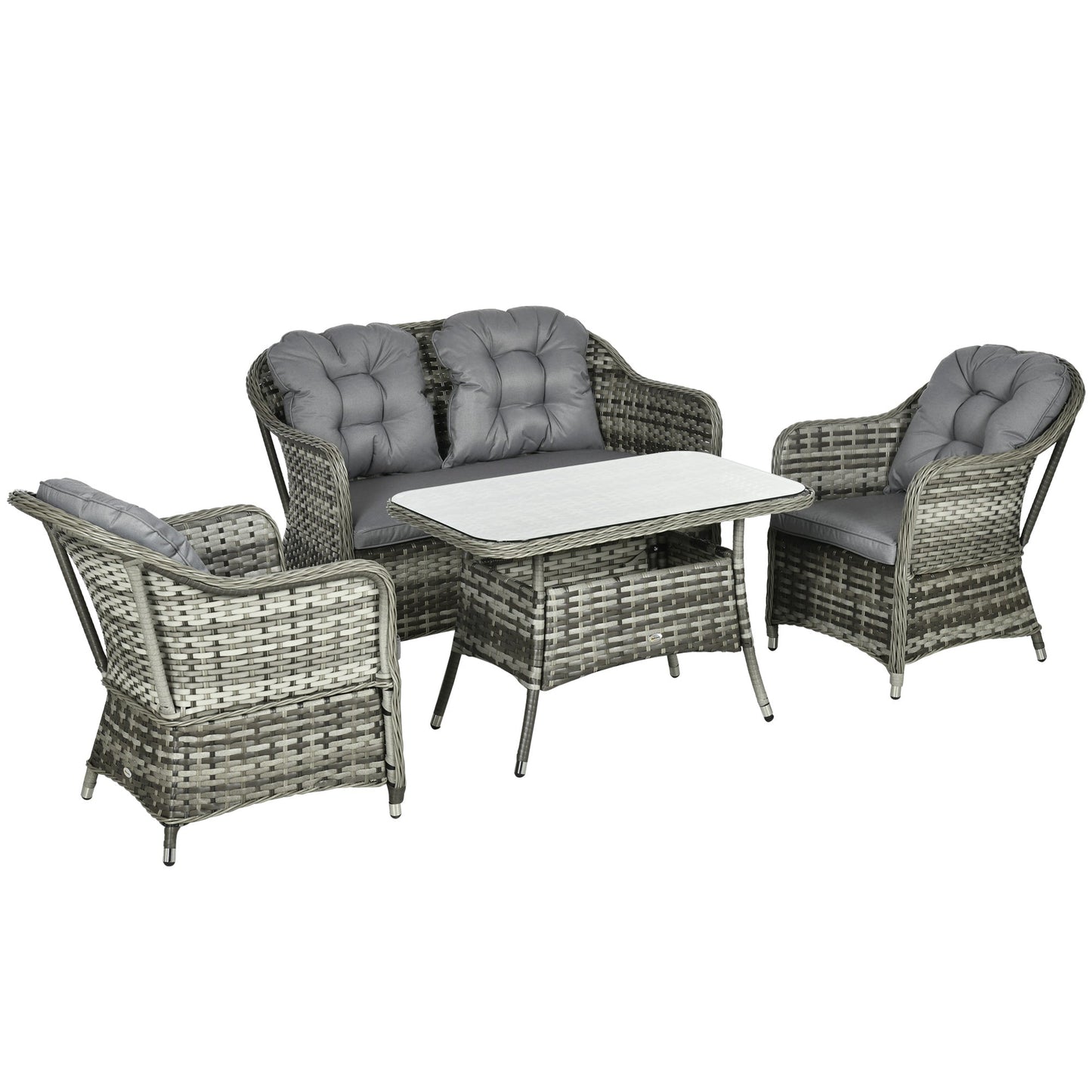 4 Pieces Outdoor PE Rattan Garden Furniture, Patio Round Wicker Woven Conversation Sofa Set w/ Padded Cushions and Tempered Glass Top Table For Balcony, Pool, Garden, Sand, Grey