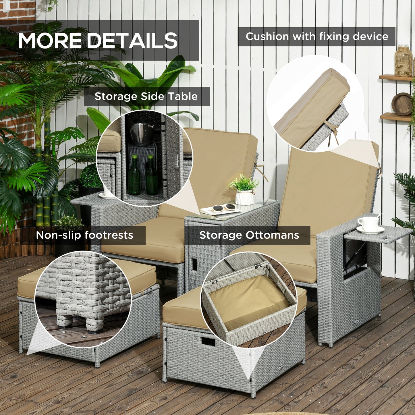 5PC PE Rattan Sun Lounger, Outdoor Wicker 5-level Adjustable Recliner Sofa Bed with Storage Side Table and Footstools, for Patio, Garden, Poolside, Beige