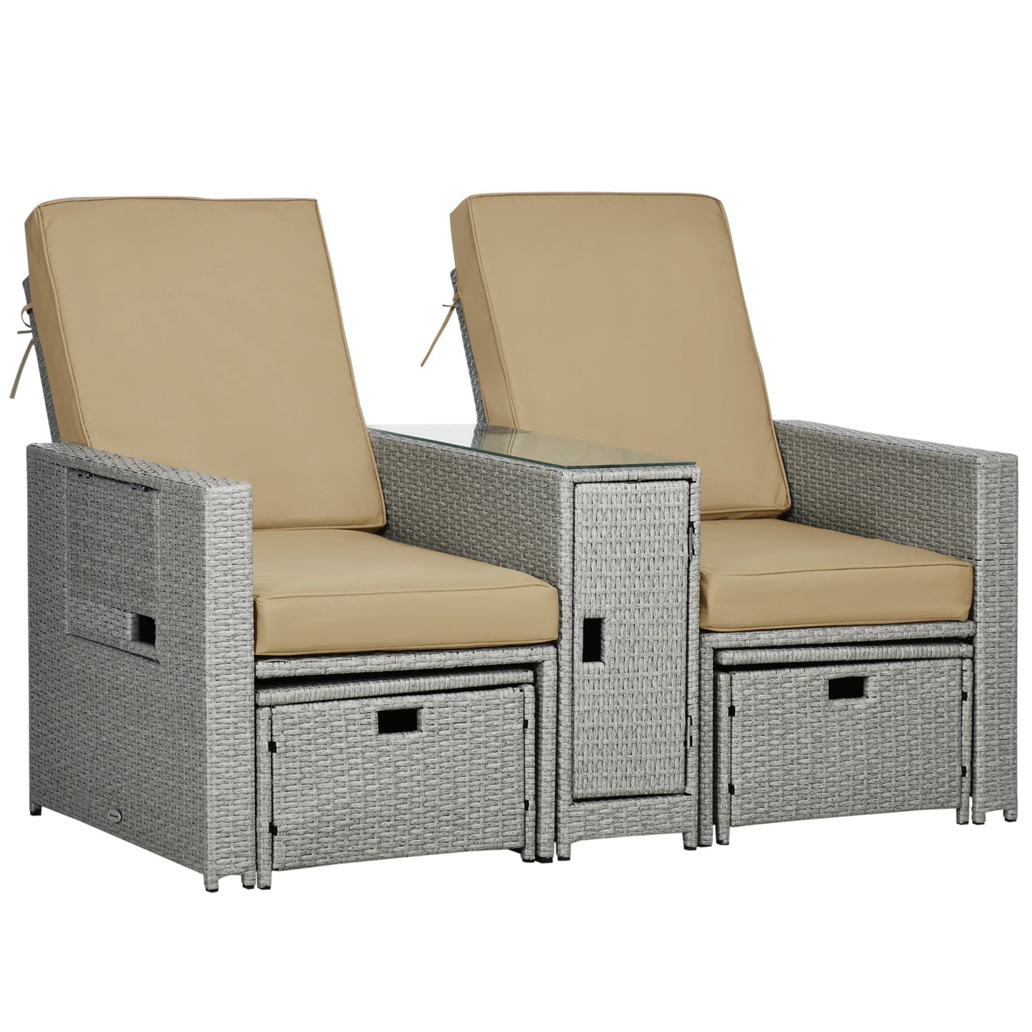 5PC PE Rattan Sun Lounger, Outdoor Wicker 5-level Adjustable Recliner Sofa Bed with Storage Side Table and Footstools, for Patio, Garden, Poolside, Beige