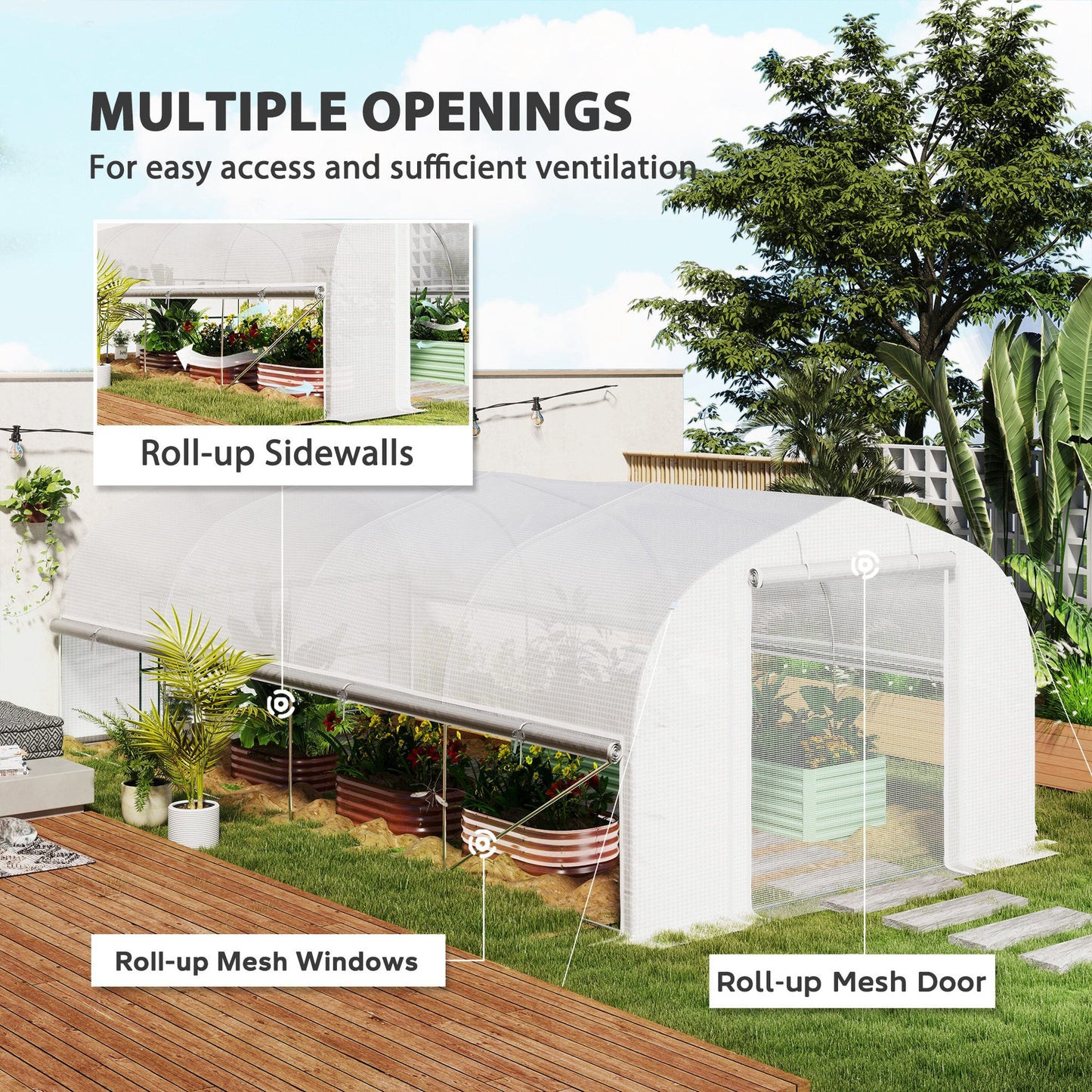 6 x 3 x 2m Walk-in Polytunnel Greenhouse, Zipped Roll Up Sidewalls, Mesh Door, 8 Mesh Windows, Tunnel Warm House Tent with PE Cover, Complimentary Plant Labels and Gloves, White