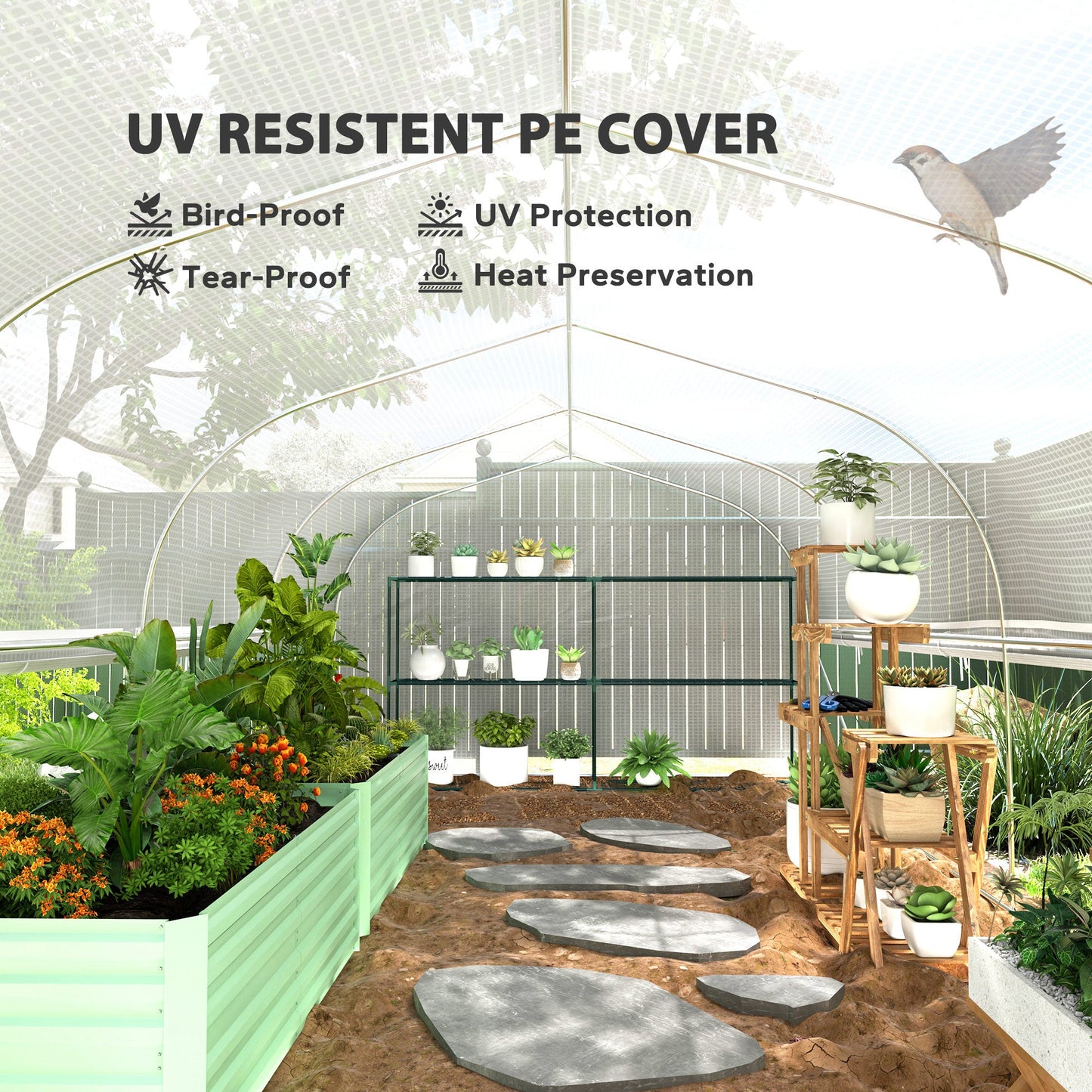 6 x 3 x 2m Walk-in Polytunnel Greenhouse, Zipped Roll Up Sidewalls, Mesh Door, 8 Mesh Windows, Tunnel Warm House Tent with PE Cover, Complimentary Plant Labels and Gloves, White