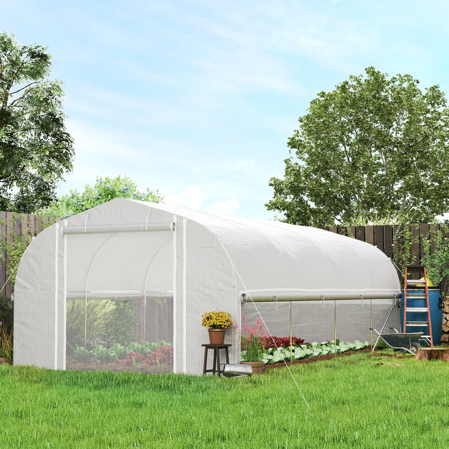 6 x 3 x 2m Walk-in Polytunnel Greenhouse, Zipped Roll Up Sidewalls, Mesh Door, 8 Mesh Windows, Tunnel Warm House Tent with PE Cover, Complimentary Plant Labels and Gloves, White