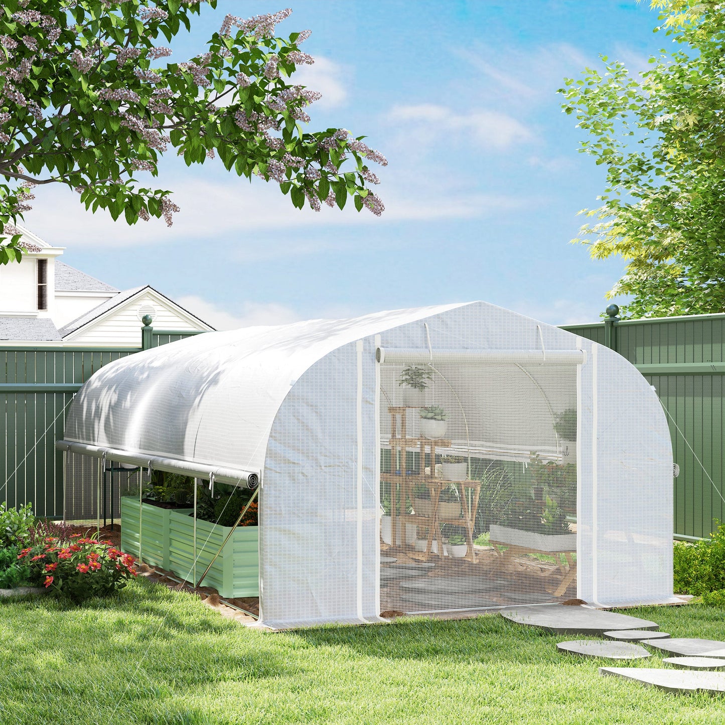 6 x 3 x 2m Walk-in Polytunnel Greenhouse, Zipped Roll Up Sidewalls, Mesh Door, 8 Mesh Windows, Tunnel Warm House Tent with PE Cover, Complimentary Plant Labels and Gloves, White