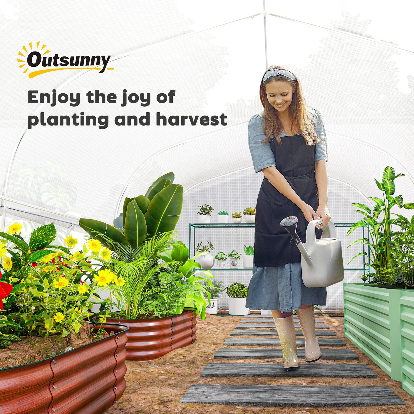 6 x 3 x 2m Walk-in Polytunnel Greenhouse, Zipped Roll Up Sidewalls, Mesh Door, 8 Mesh Windows, Tunnel Warm House Tent with PE Cover, Complimentary Plant Labels and Gloves, White