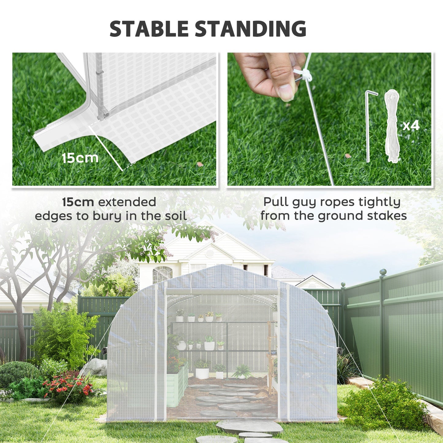 6 x 3 x 2m Walk-in Polytunnel Greenhouse, Zipped Roll Up Sidewalls, Mesh Door, 8 Mesh Windows, Tunnel Warm House Tent with PE Cover, Complimentary Plant Labels and Gloves, White