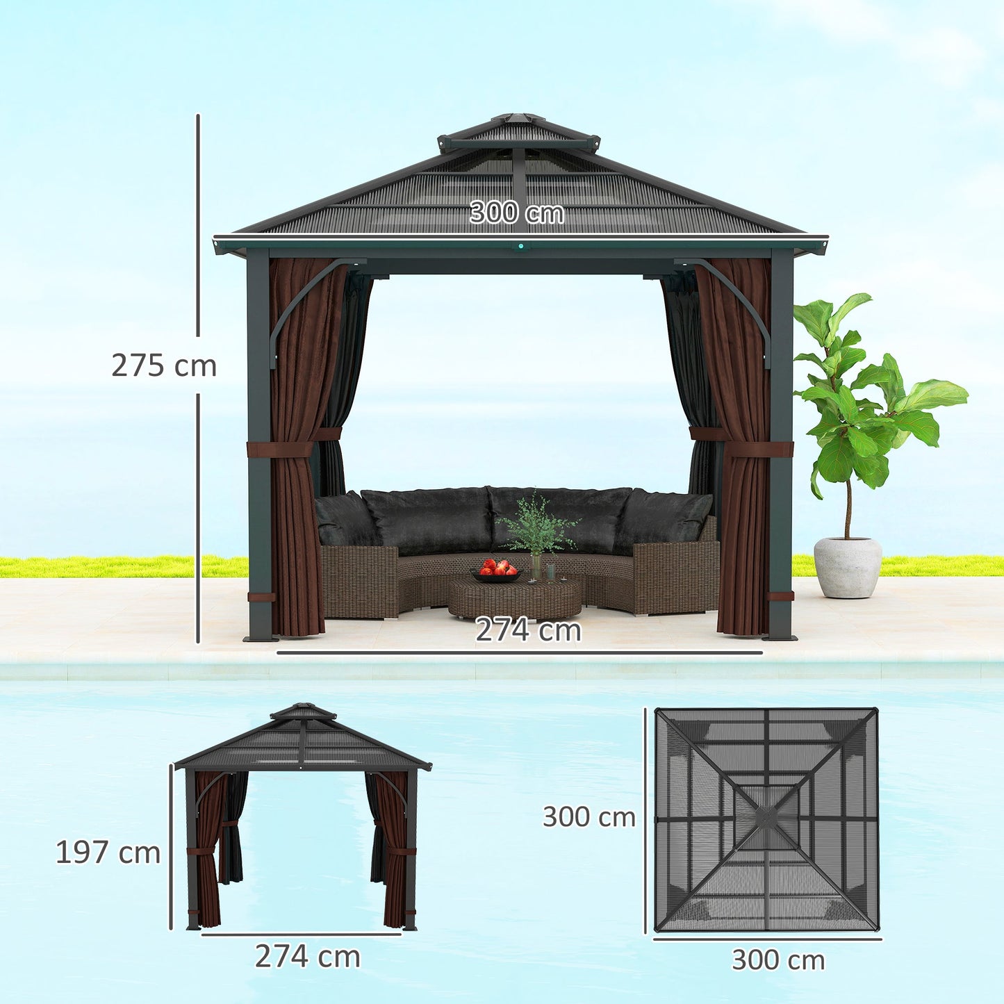 3 x 3(m) Hardtop Gazebo Canopy with 7mm Double Polycarbonate Roof, Garden Gazebo Permanent Pavilion with Mosquito Netting and Curtains for Patio, Deck, Brown