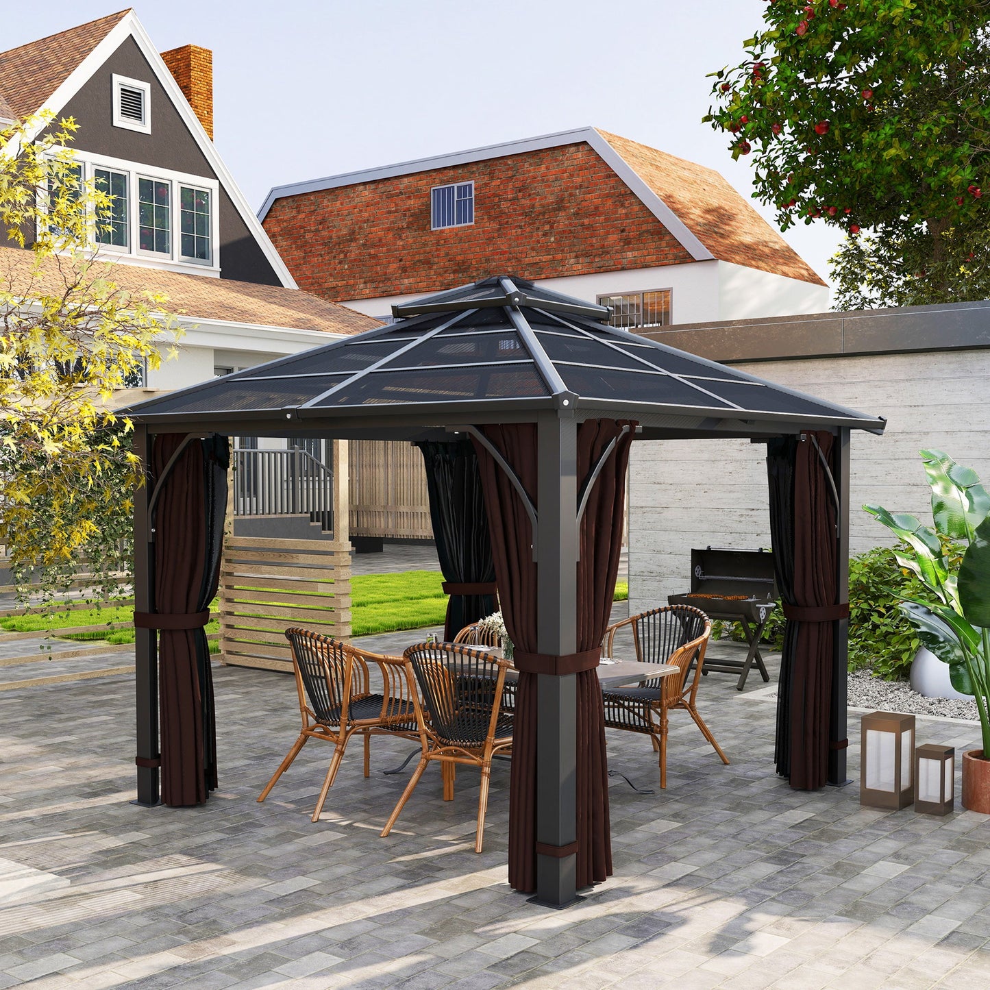3 x 3(m) Hardtop Gazebo Canopy with 7mm Double Polycarbonate Roof, Garden Gazebo Permanent Pavilion with Mosquito Netting and Curtains for Patio, Deck, Brown