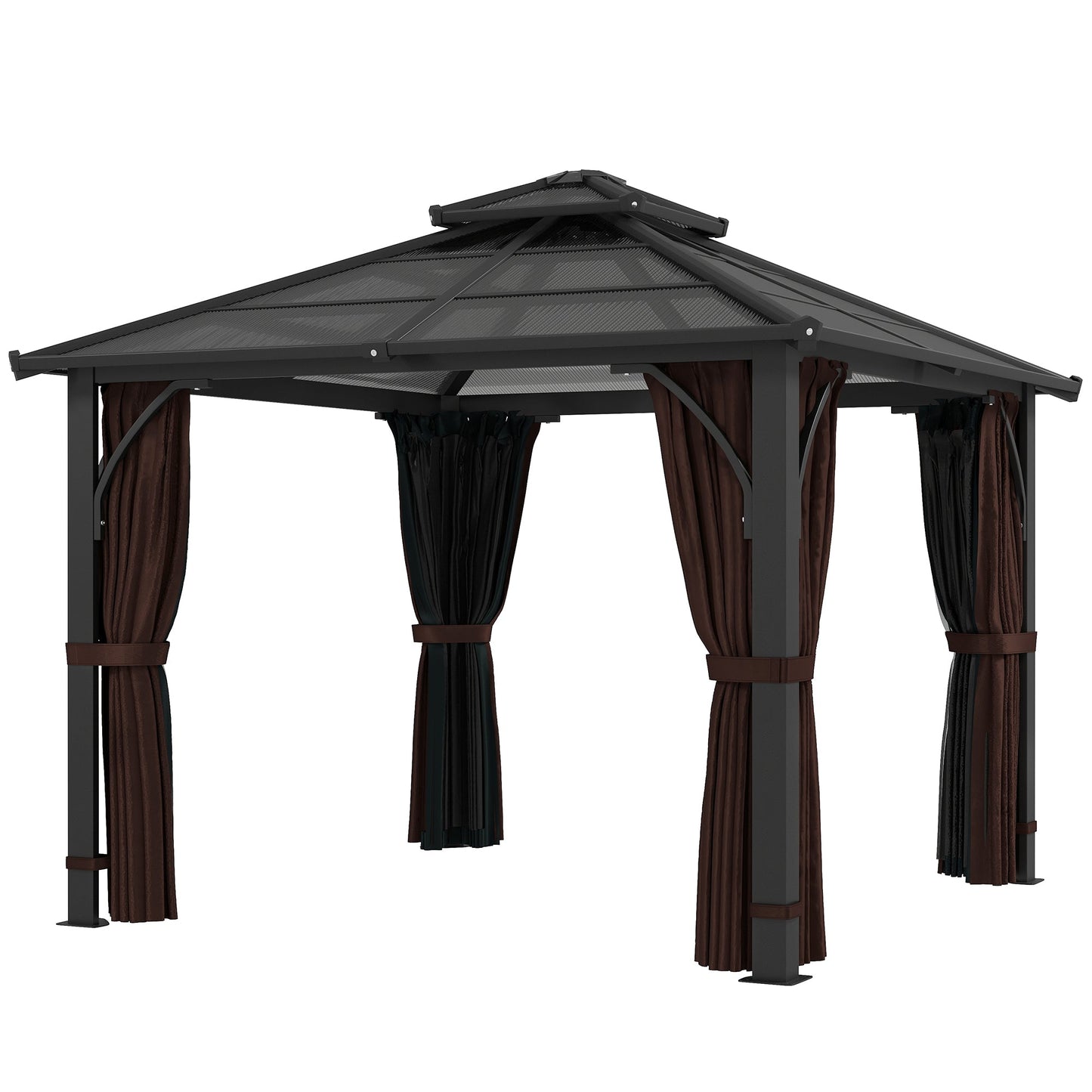 3 x 3(m) Hardtop Gazebo Canopy with 7mm Double Polycarbonate Roof, Garden Gazebo Permanent Pavilion with Mosquito Netting and Curtains for Patio, Deck, Brown