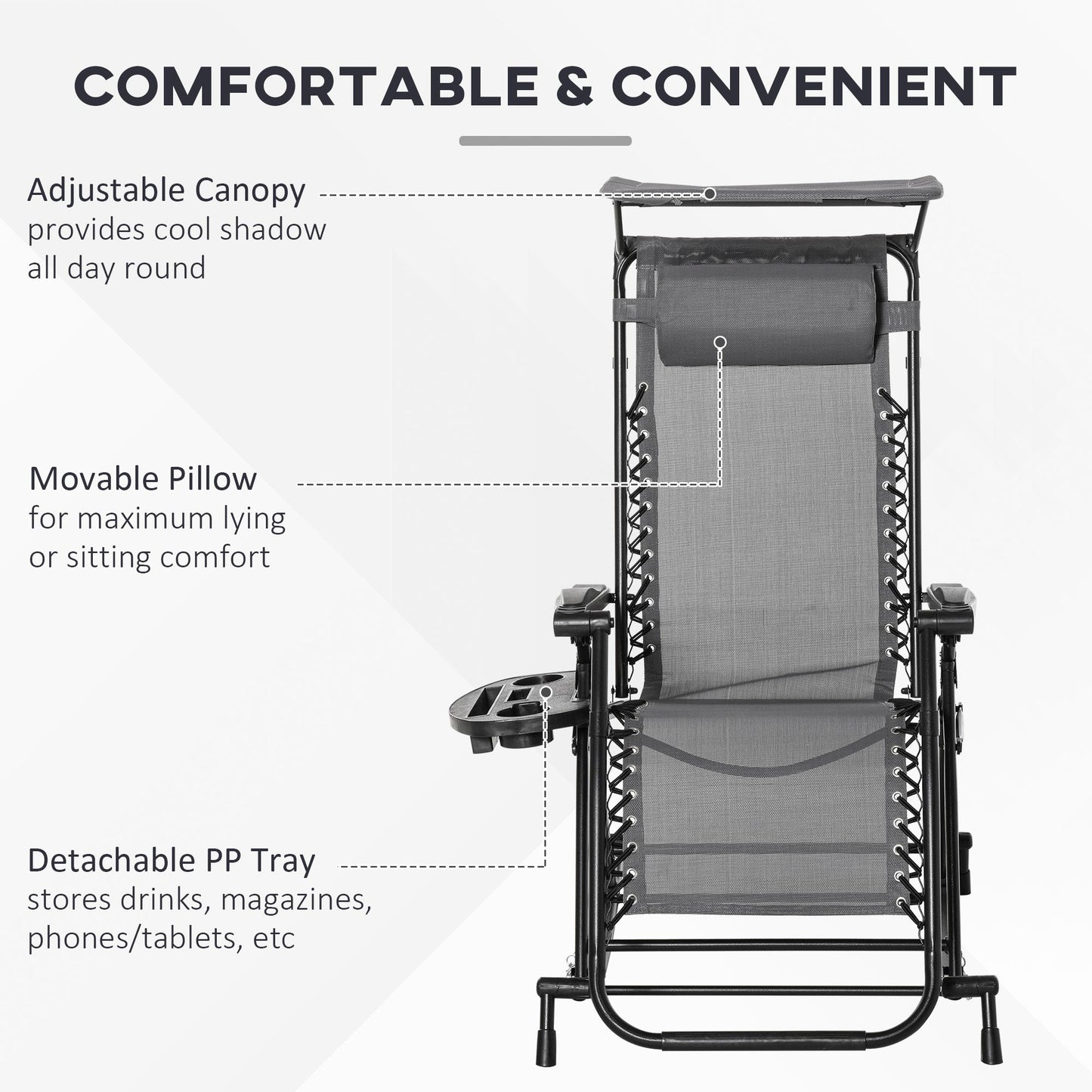 Garden Rocking Chair Folding Recliner Outdoor Adjustable Sun Lounger Rocker Zero-Gravity Seat with Headrest Side Holder Patio Deck - Grey