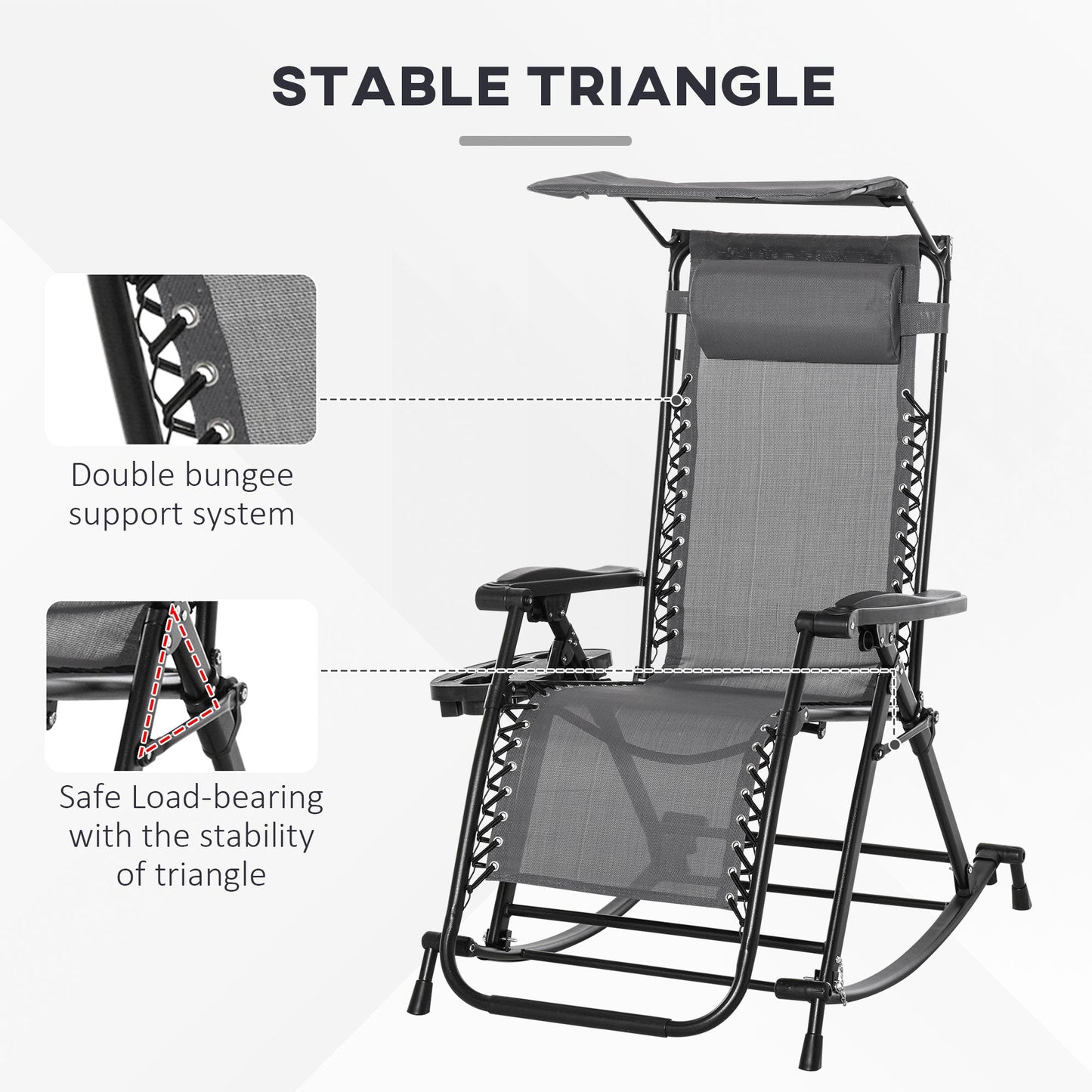 Garden Rocking Chair Folding Recliner Outdoor Adjustable Sun Lounger Rocker Zero-Gravity Seat with Headrest Side Holder Patio Deck - Grey