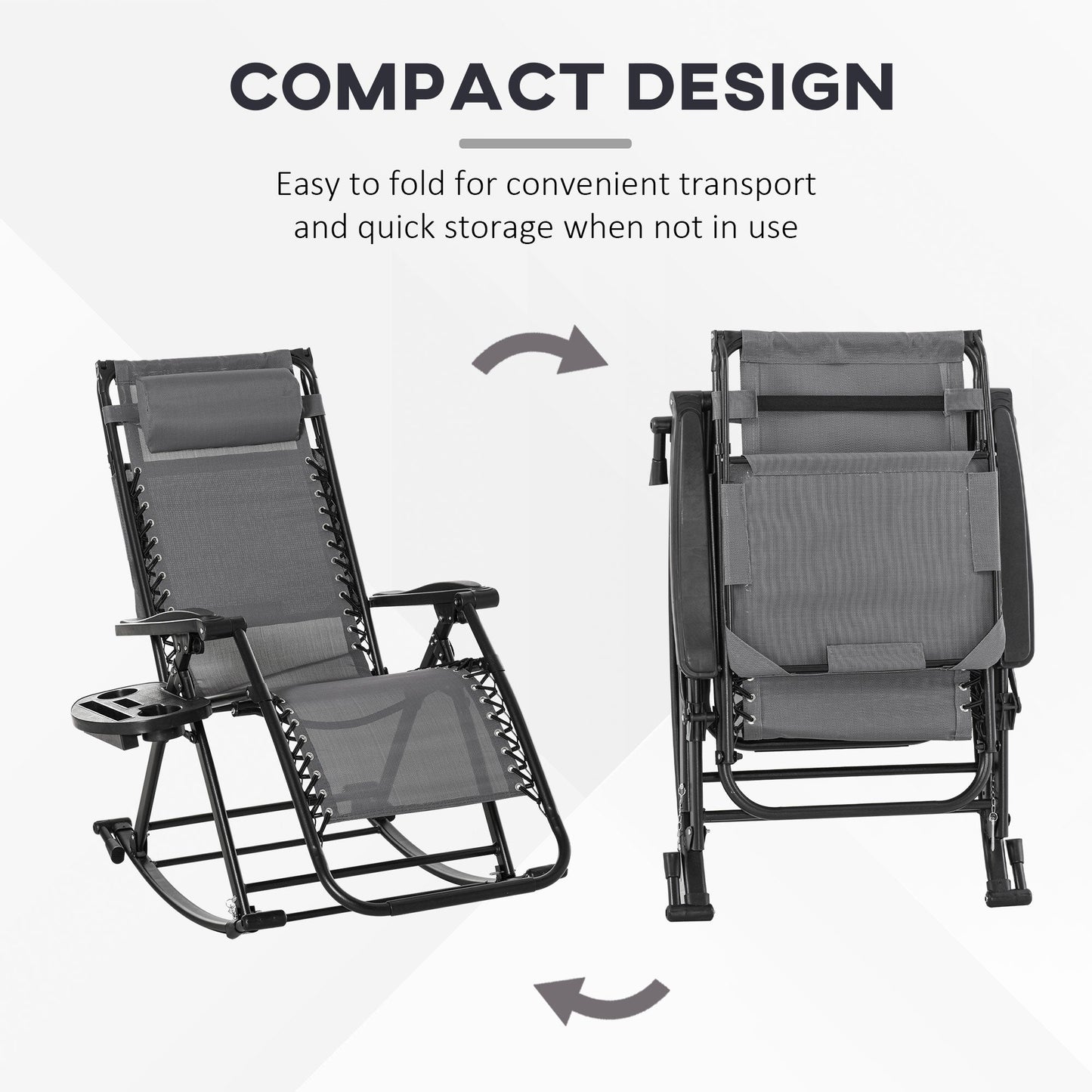 Garden Rocking Chair Folding Recliner Outdoor Adjustable Sun Lounger Rocker Zero-Gravity Seat with Headrest Side Holder Patio Deck - Grey