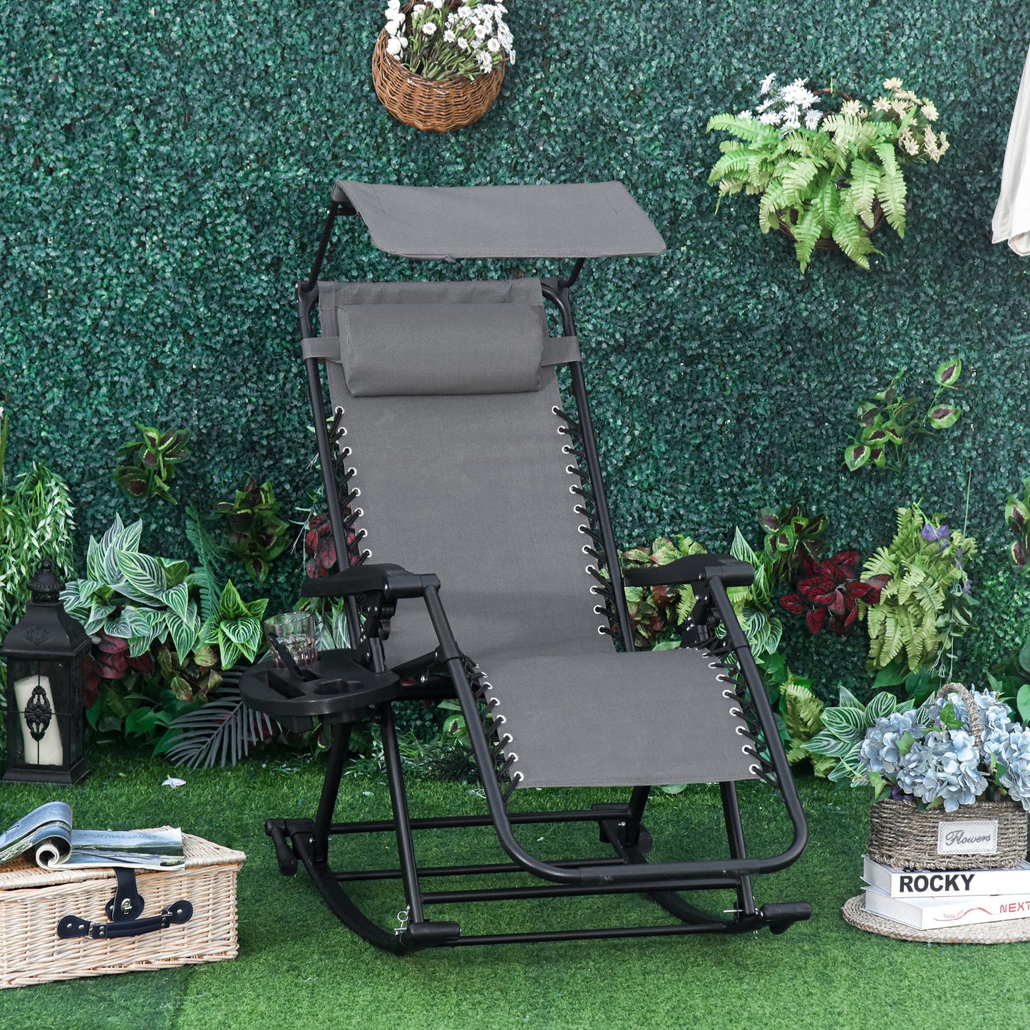 Garden Rocking Chair Folding Recliner Outdoor Adjustable Sun Lounger Rocker Zero-Gravity Seat with Headrest Side Holder Patio Deck - Grey