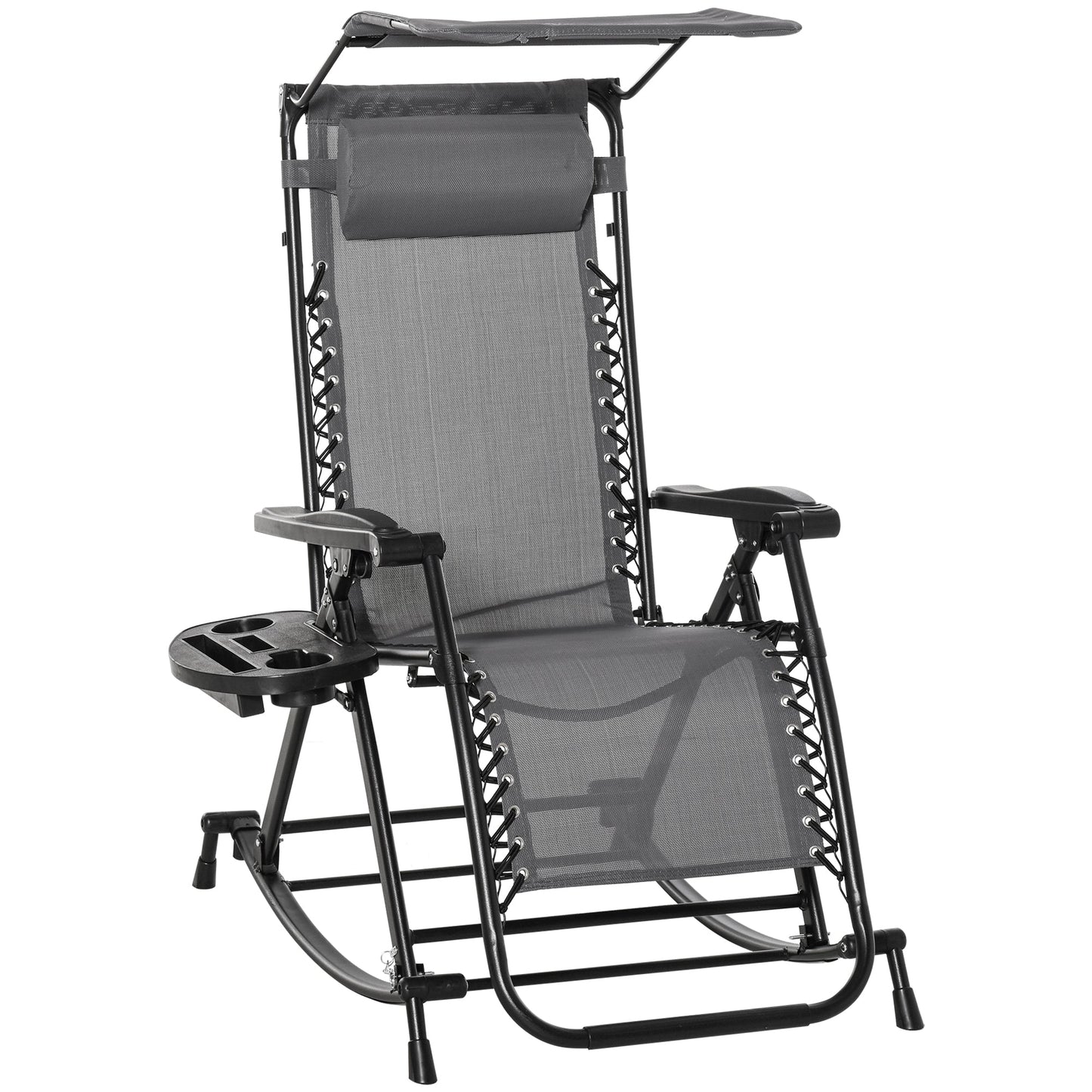 Garden Rocking Chair Folding Recliner Outdoor Adjustable Sun Lounger Rocker Zero-Gravity Seat with Headrest Side Holder Patio Deck - Grey