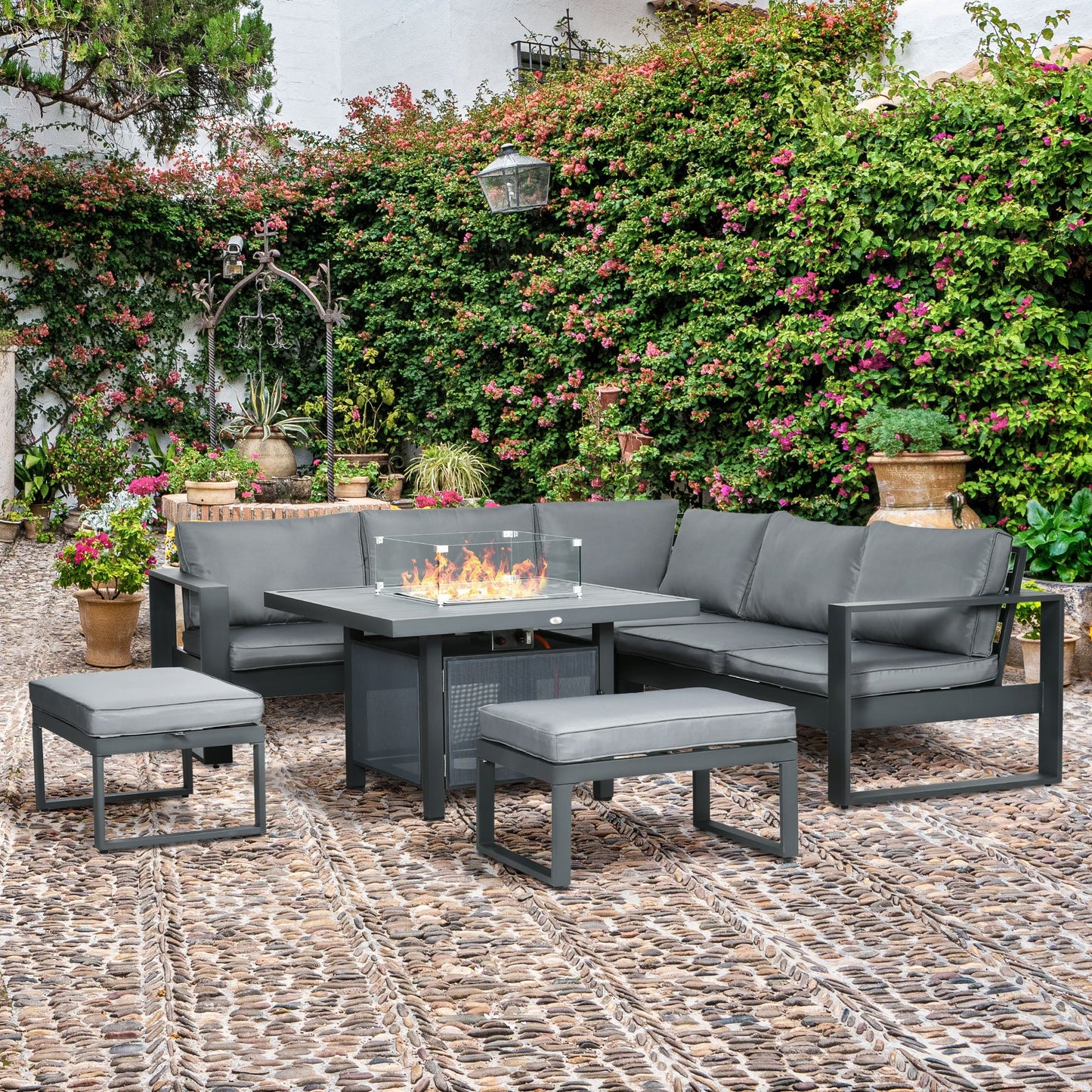 6-Piece Aluminium Garden Furniture Set, Outdoor Conversational Corner Sofa Loveseat Footstool Sectional with Gas Fire Pit Table for Yard, Poolside, Grey