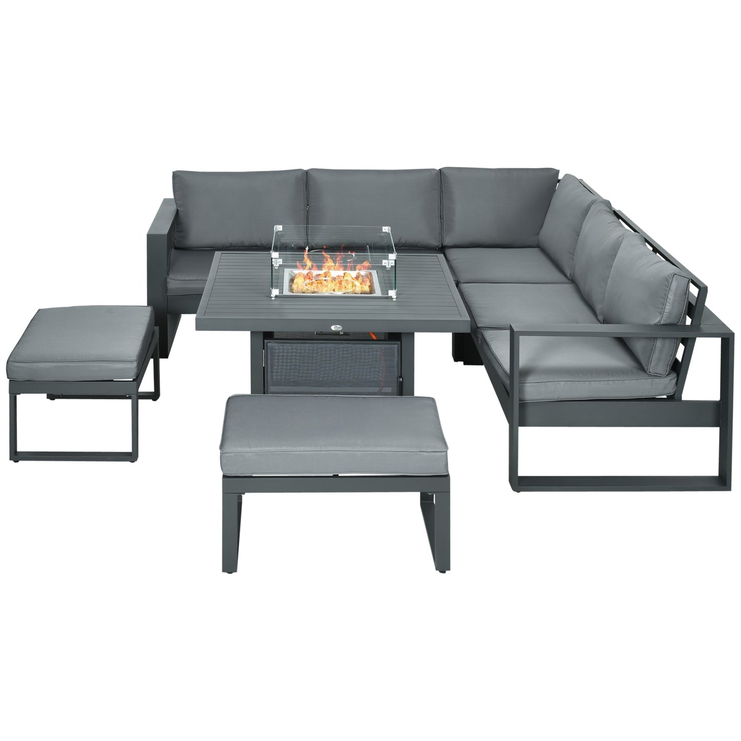6-Piece Aluminium Garden Furniture Set, Outdoor Conversational Corner Sofa Loveseat Footstool Sectional with Gas Fire Pit Table for Yard, Poolside, Grey