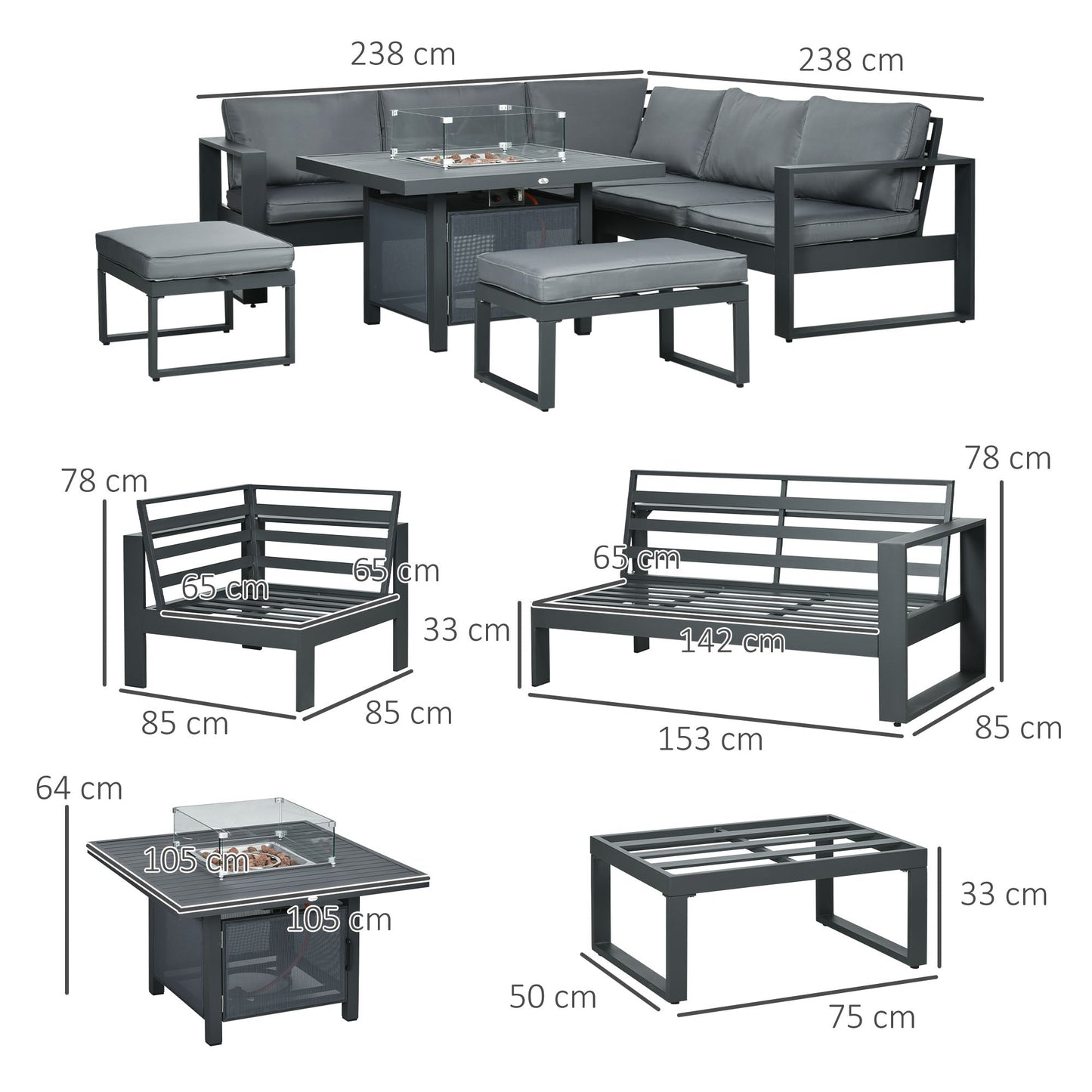 6-Piece Aluminium Garden Furniture Set, Outdoor Conversational Corner Sofa Loveseat Footstool Sectional with Gas Fire Pit Table for Yard, Poolside, Grey