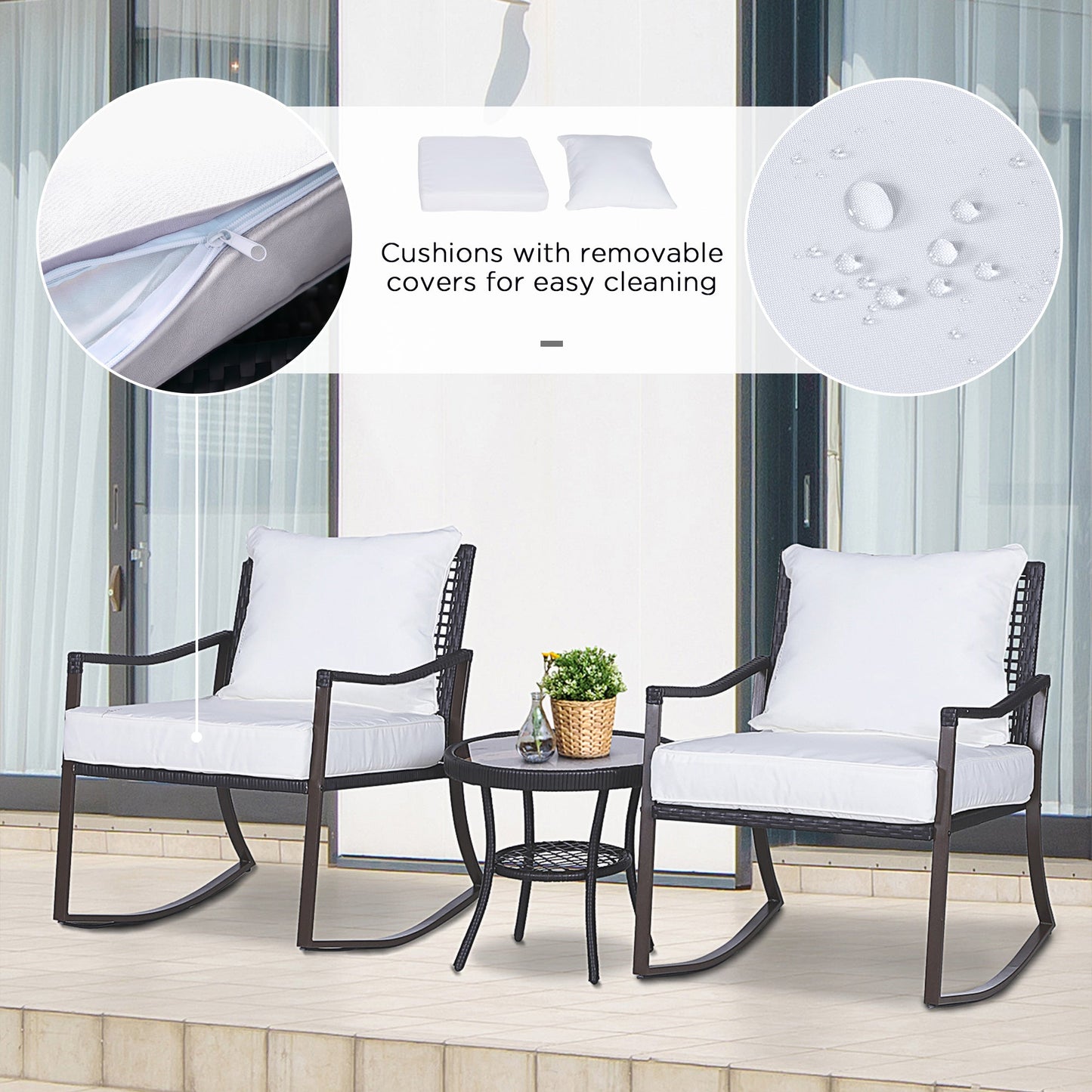 Rattan Bistro Set, 3 Pieces Wicker Garden Furniture Set with Rocking Chairs and Round Glass Top Coffee Table, Small Balcony Furniture with Cushions for Outdoor, Porch, Brown