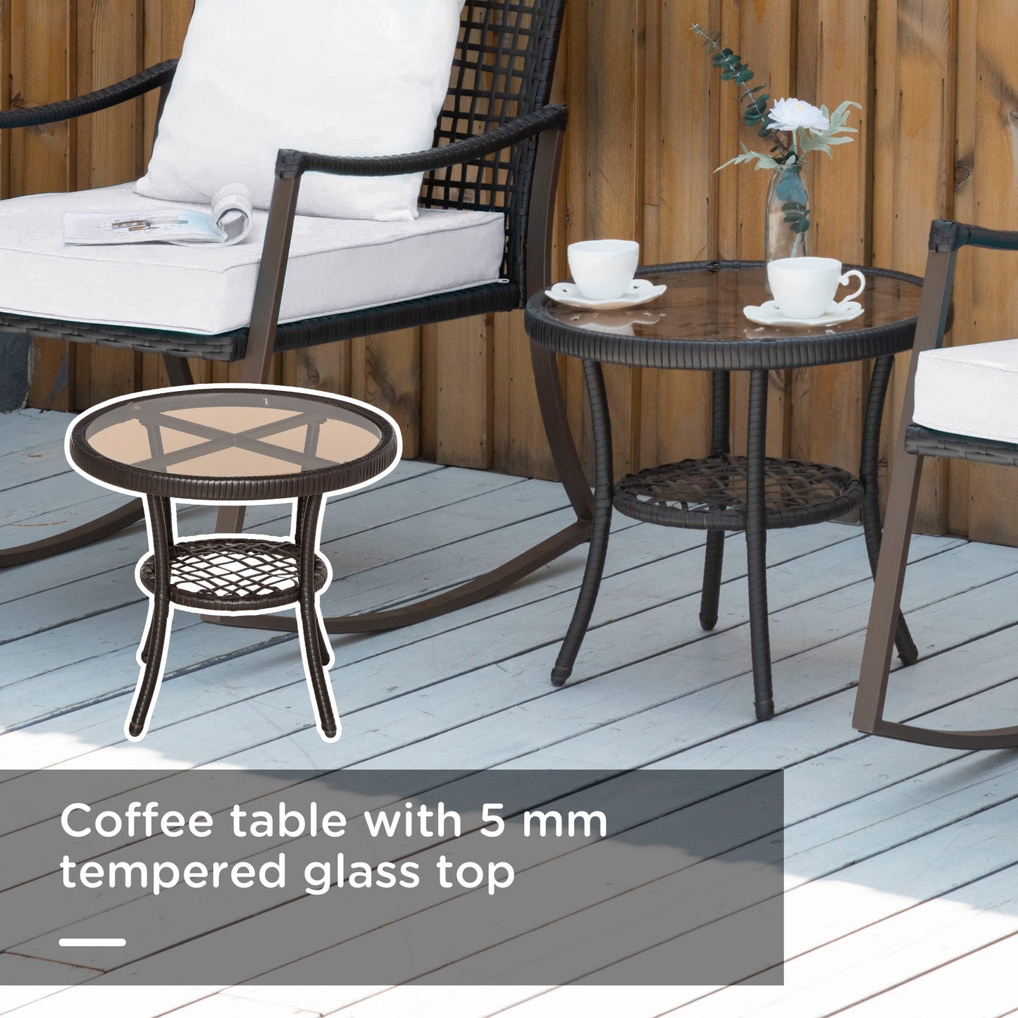 Rattan Bistro Set, 3 Pieces Wicker Garden Furniture Set with Rocking Chairs and Round Glass Top Coffee Table, Small Balcony Furniture with Cushions for Outdoor, Porch, Brown