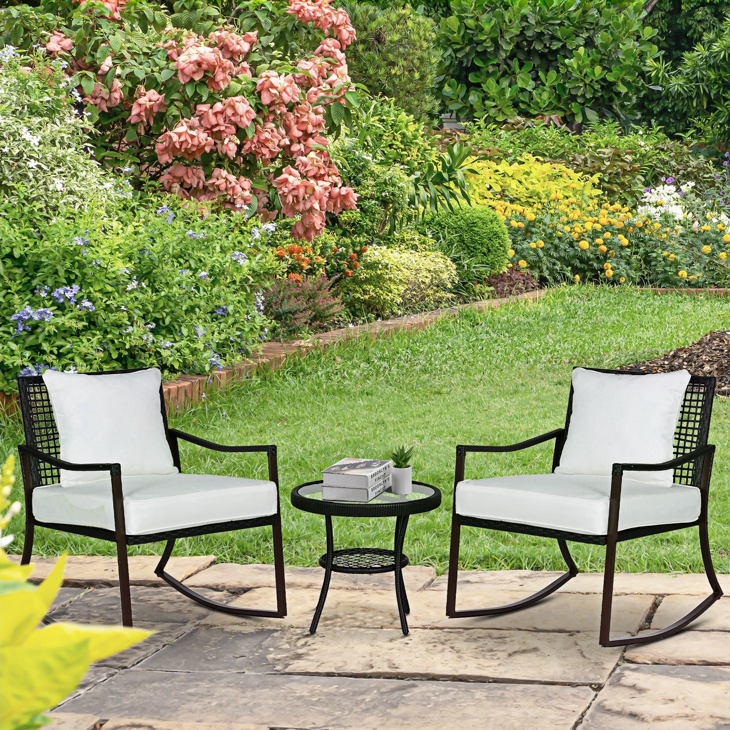 Rattan Bistro Set, 3 Pieces Wicker Garden Furniture Set with Rocking Chairs and Round Glass Top Coffee Table, Small Balcony Furniture with Cushions for Outdoor, Porch, Brown