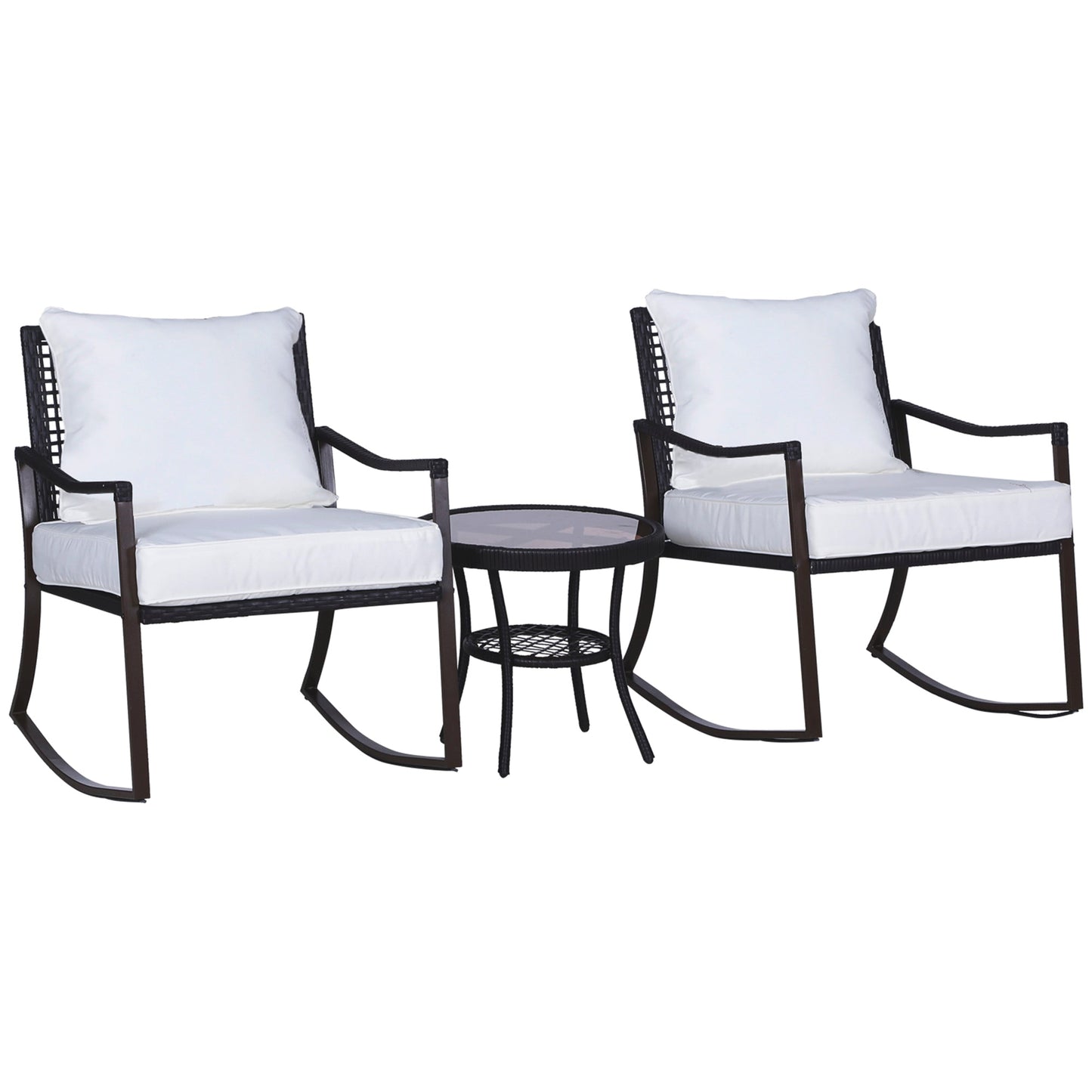 Rattan Bistro Set, 3 Pieces Wicker Garden Furniture Set with Rocking Chairs and Round Glass Top Coffee Table, Small Balcony Furniture with Cushions for Outdoor, Porch, Brown