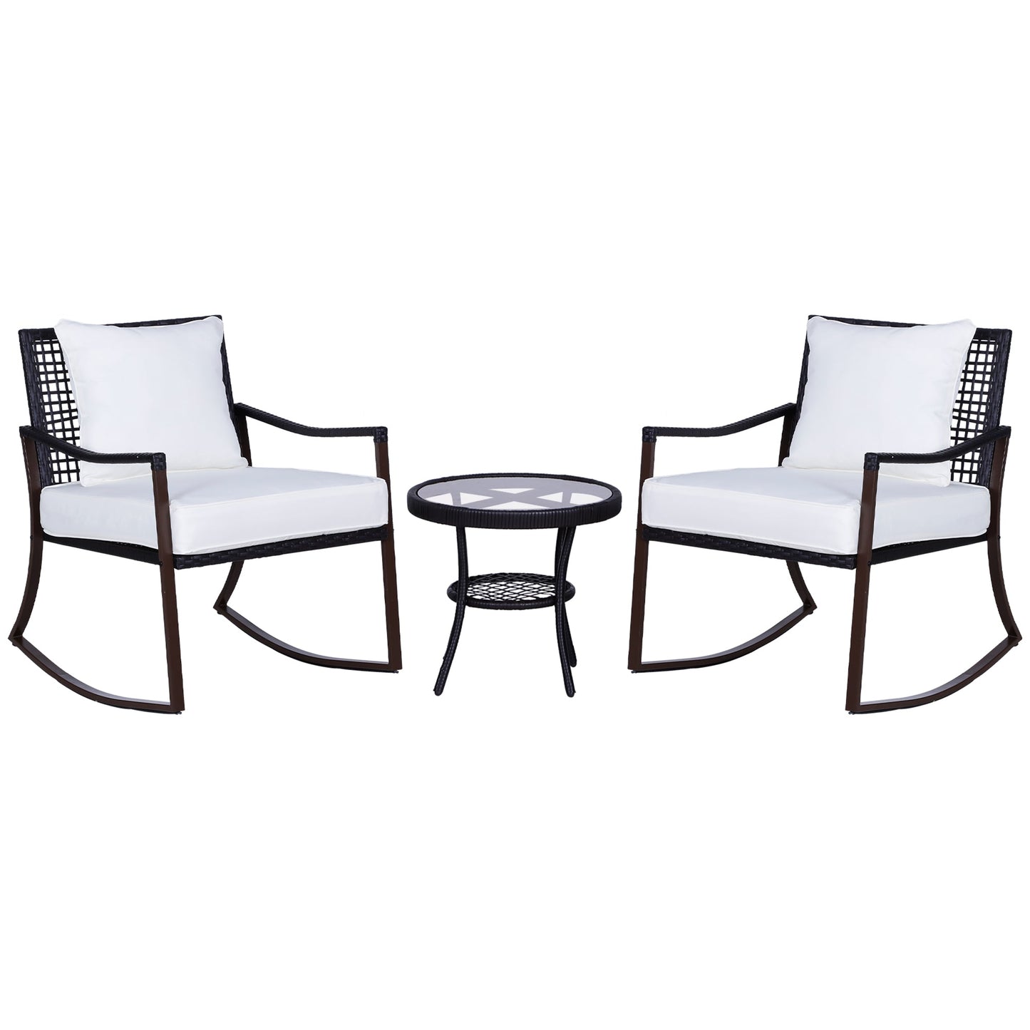 Rattan Bistro Set, 3 Pieces Wicker Garden Furniture Set with Rocking Chairs and Round Glass Top Coffee Table, Small Balcony Furniture with Cushions for Outdoor, Porch, Brown