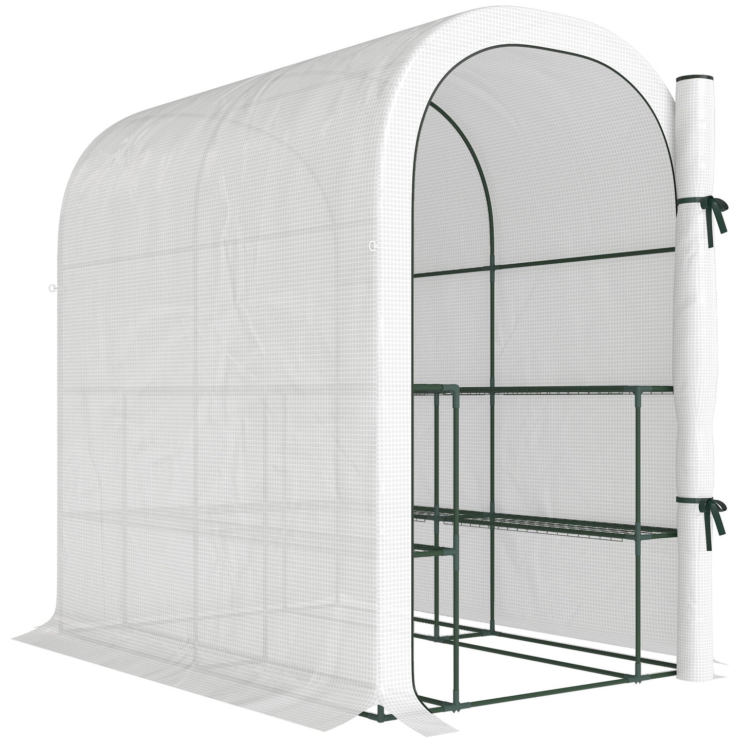 Walk-in Greenhouse with Shelves, Small Greenhouse with Roll-up Door, Garden Plant Growhouse with PE Cover, 123 x 187 x 189 cm, White