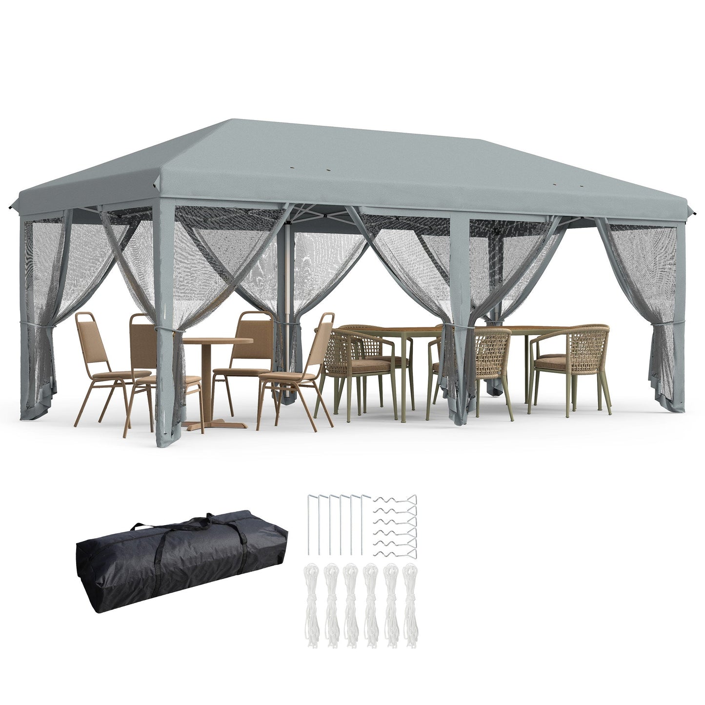 3 x 6m Pop Up Gazebo, Outdoor Canopy Shelter, Marquee Party Wedding Tent with 6 Mesh Walls and Carry Bag, Grey