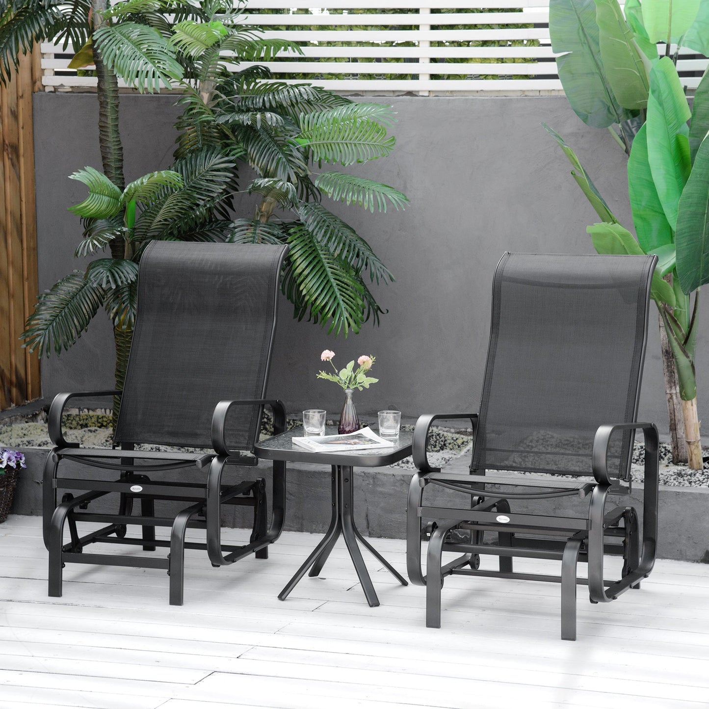 3 Pieces Garden Gliding Chair Set, Metal Frame 2 Single Armchair Swing Seater and 1 Glass Top Coffee Table w/ Breath Mesh Fabric Seat, Black