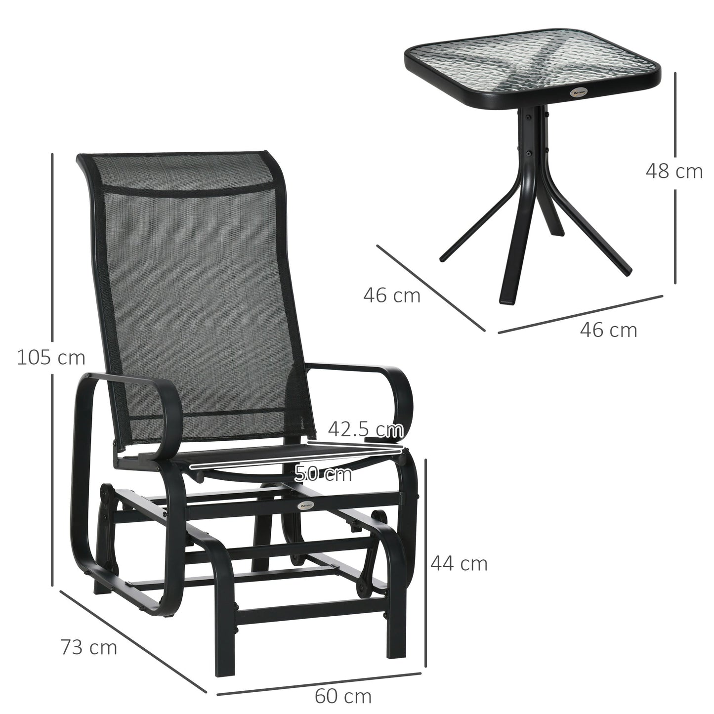 3 Pieces Garden Gliding Chair Set, Metal Frame 2 Single Armchair Swing Seater and 1 Glass Top Coffee Table w/ Breath Mesh Fabric Seat, Black