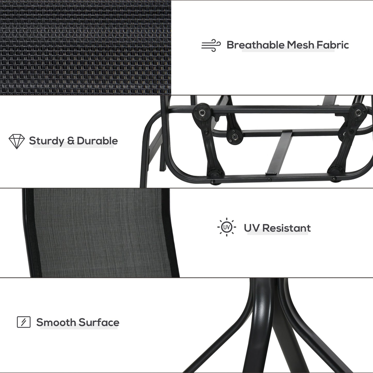 3 Pieces Garden Gliding Chair Set, Metal Frame 2 Single Armchair Swing Seater and 1 Glass Top Coffee Table w/ Breath Mesh Fabric Seat, Black