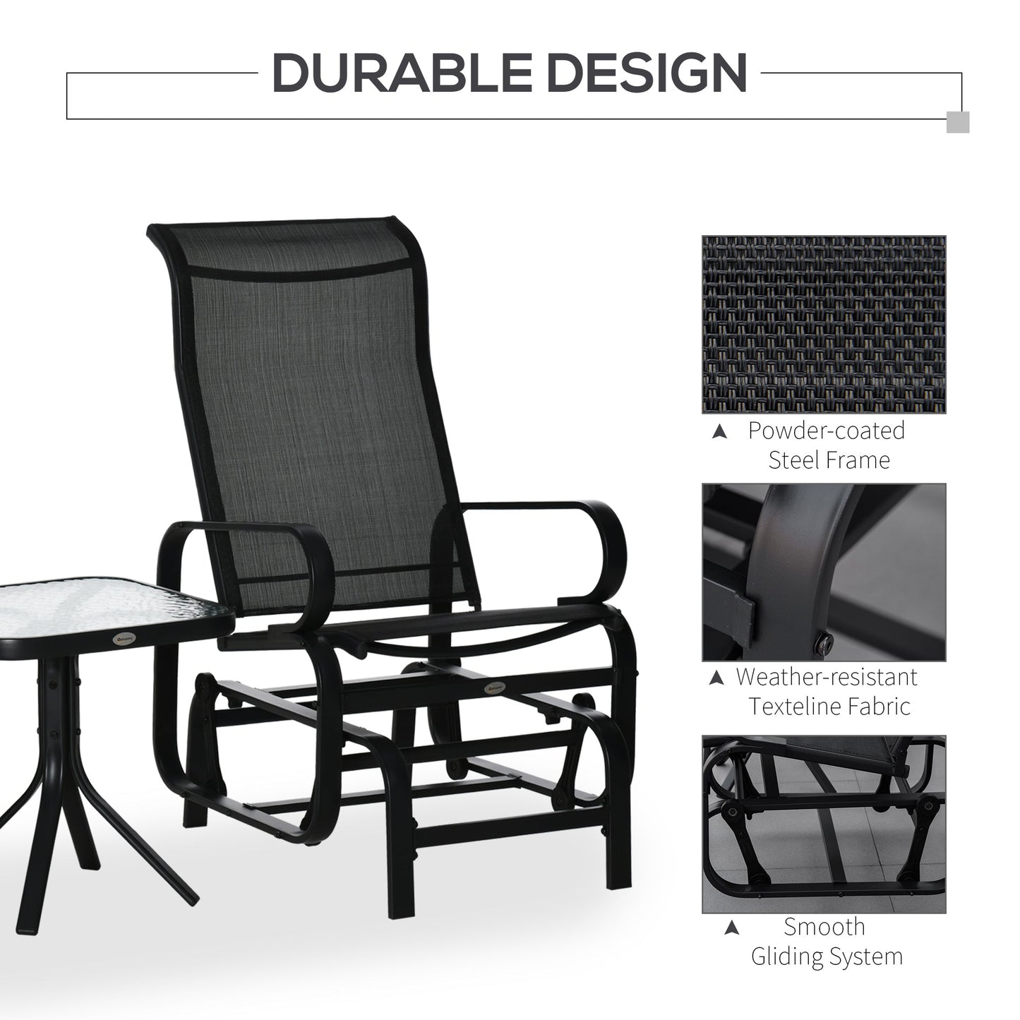 3 Pieces Garden Gliding Chair Set, Metal Frame 2 Single Armchair Swing Seater and 1 Glass Top Coffee Table w/ Breath Mesh Fabric Seat, Black