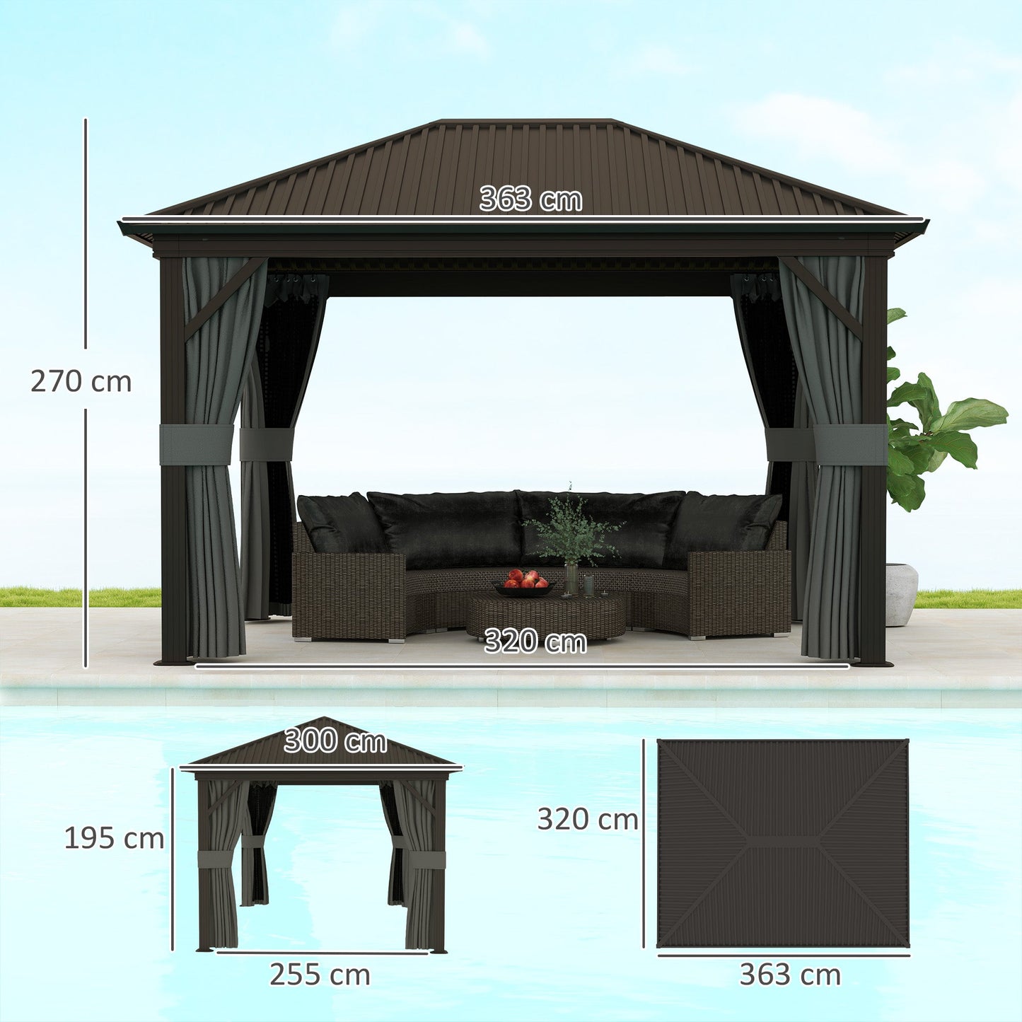 3 x 3.6m Outdoor Hardtop Gazebo Metal Roof Patio Gazebo with Aluminium Frame, Mesh Nettings, Curtains, & Roomy Interior Space, Dark Grey