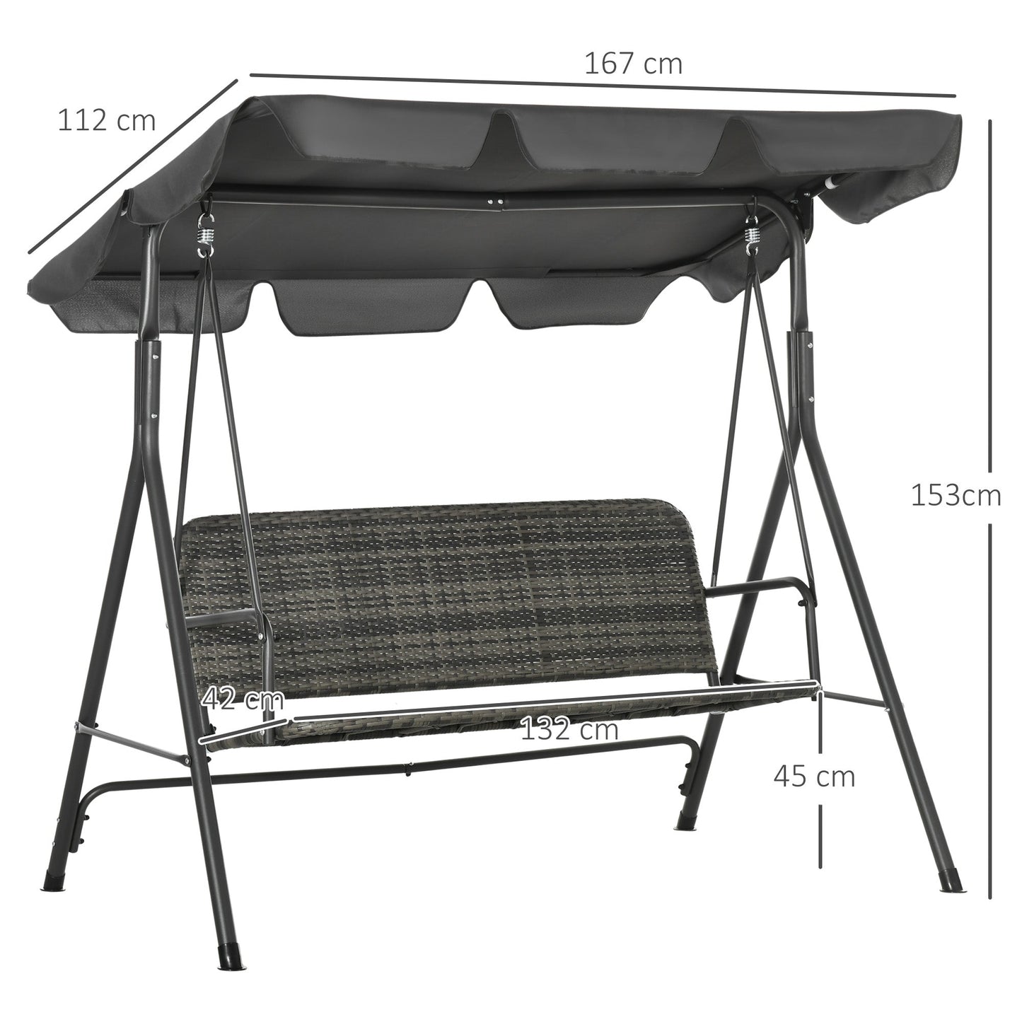 3-Seater Outdoor PE Rattan Swing Chair, Patio Wicker Hanging Swing Bench with Steel Frame Stand & Adjustable Canopy, Grey