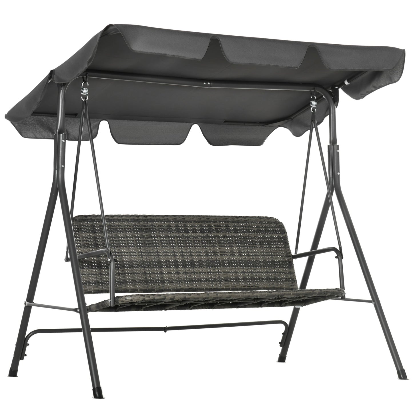 3-Seater Outdoor PE Rattan Swing Chair, Patio Wicker Hanging Swing Bench with Steel Frame Stand & Adjustable Canopy, Grey