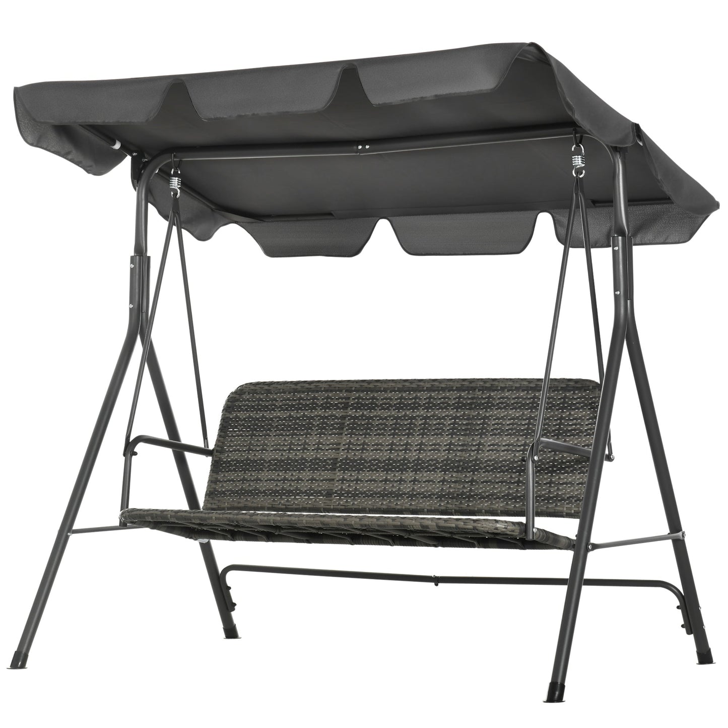 3-Seater Outdoor PE Rattan Swing Chair, Patio Wicker Hanging Swing Bench with Steel Frame Stand & Adjustable Canopy, Grey