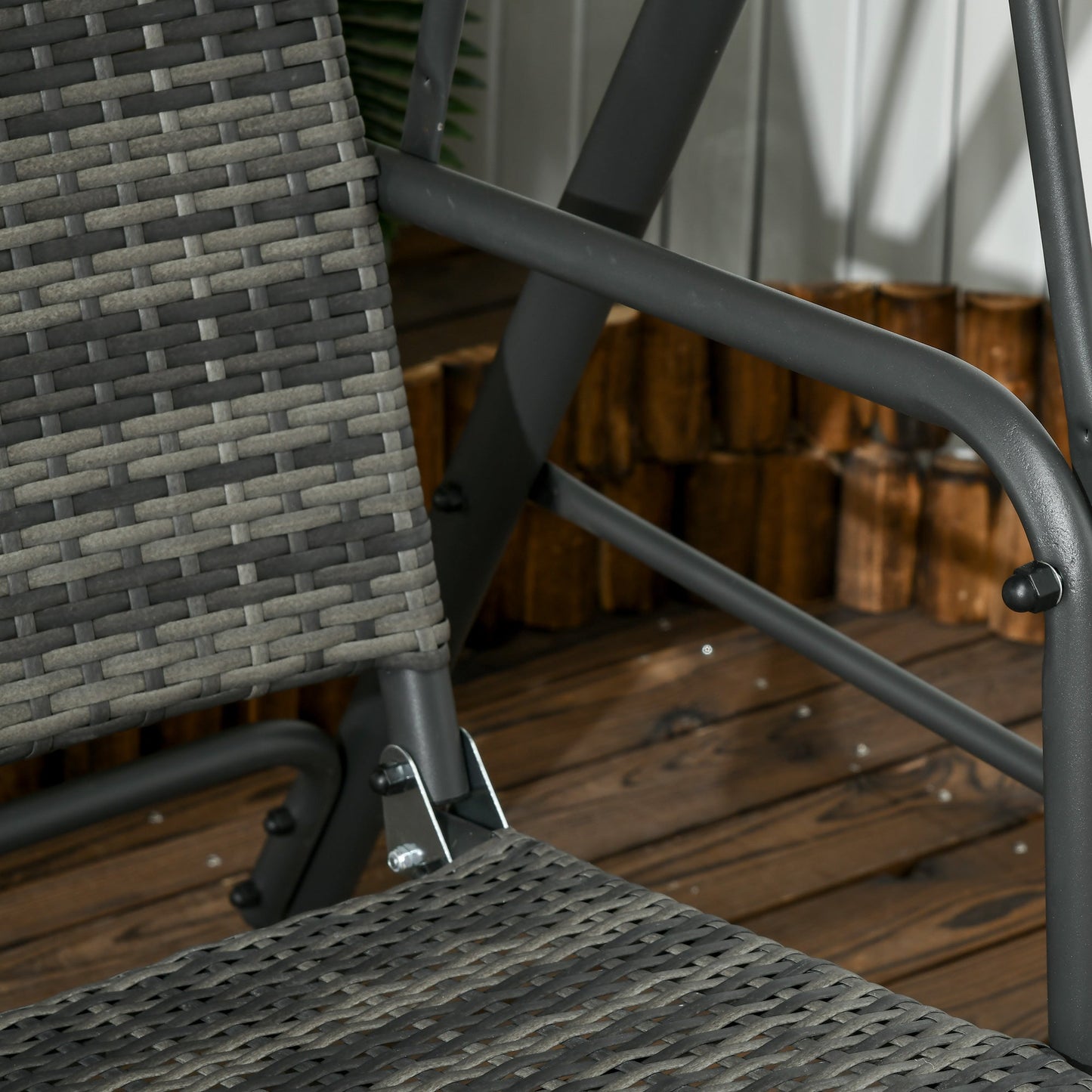 3-Seater Outdoor PE Rattan Swing Chair, Patio Wicker Hanging Swing Bench with Steel Frame Stand & Adjustable Canopy, Grey