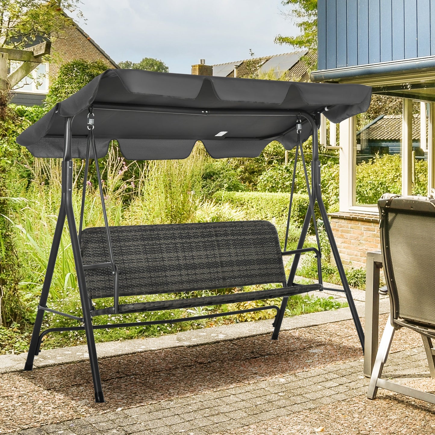 3-Seater Outdoor PE Rattan Swing Chair, Patio Wicker Hanging Swing Bench with Steel Frame Stand & Adjustable Canopy, Grey