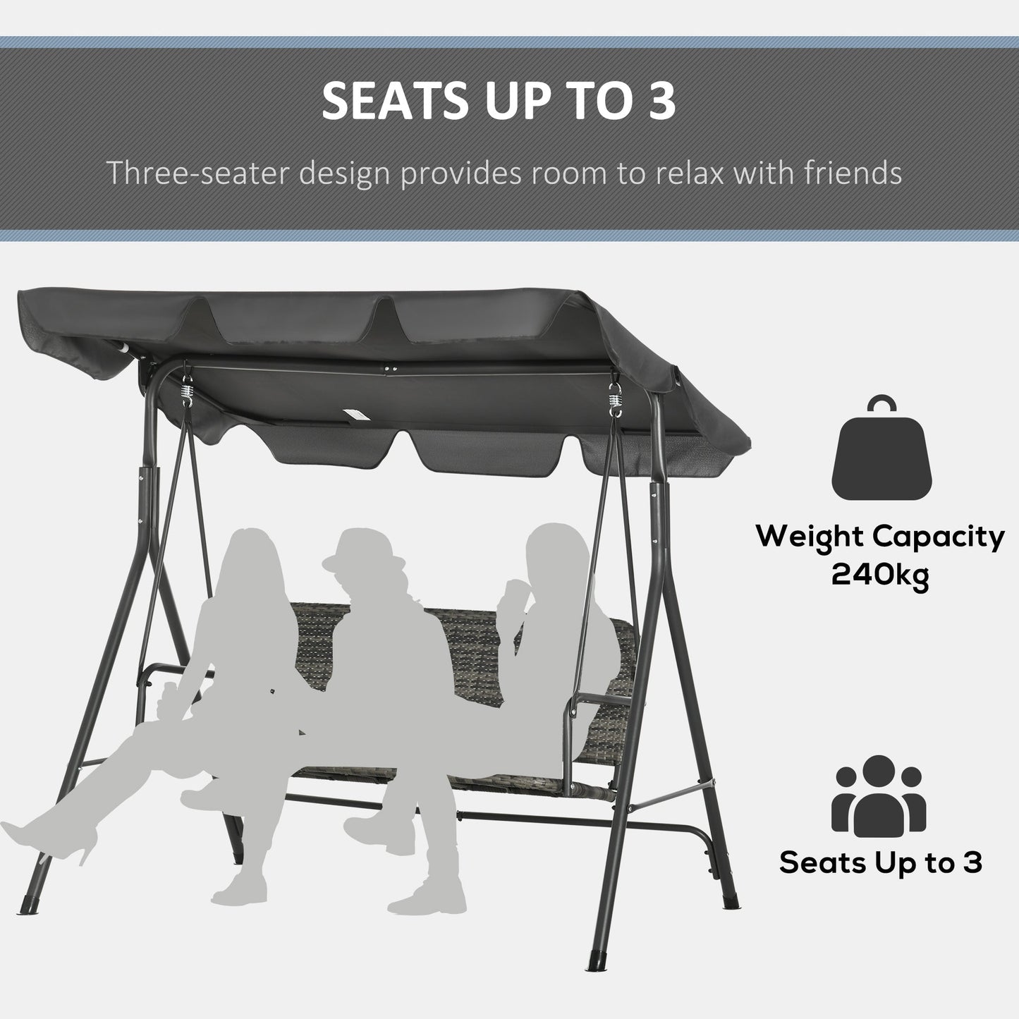 3-Seater Outdoor PE Rattan Swing Chair, Patio Wicker Hanging Swing Bench with Steel Frame Stand & Adjustable Canopy, Grey