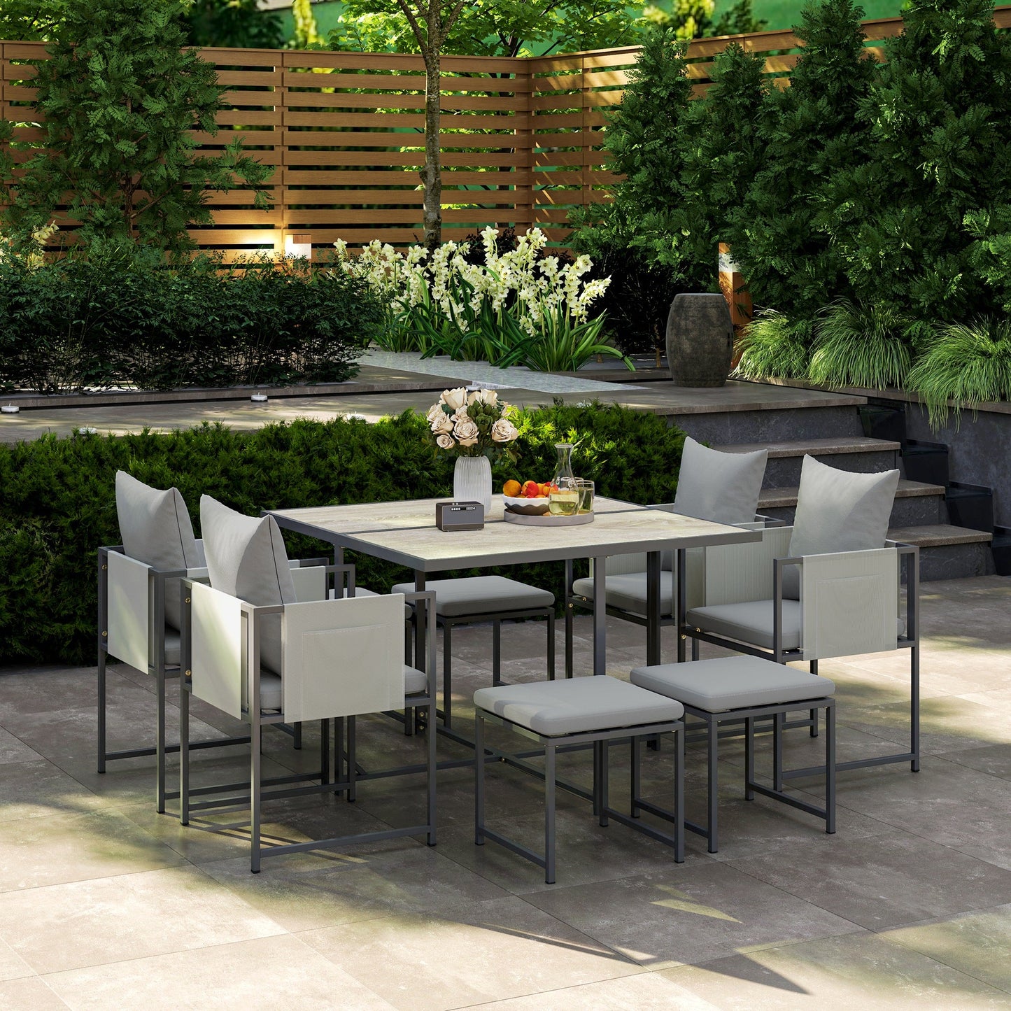 9 Piece Garden Dining Set, Cube Outdoor Garden Furniture Set with Cushions, 8 Seater Garden Table and Chairs with 4 Stools, Square PSPC Plastic Top Table, Side Pockets for Conservatory, Grey